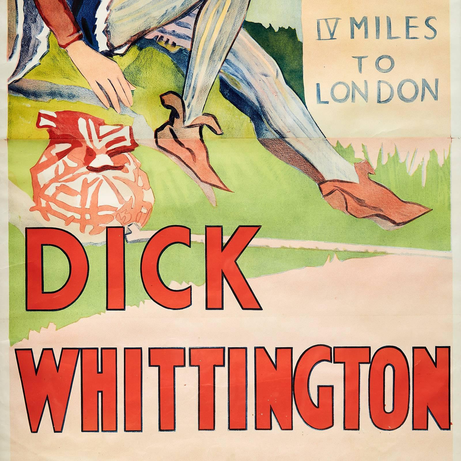 Cartel litográfico original enmarcado de la pantomima Dick Whittington.