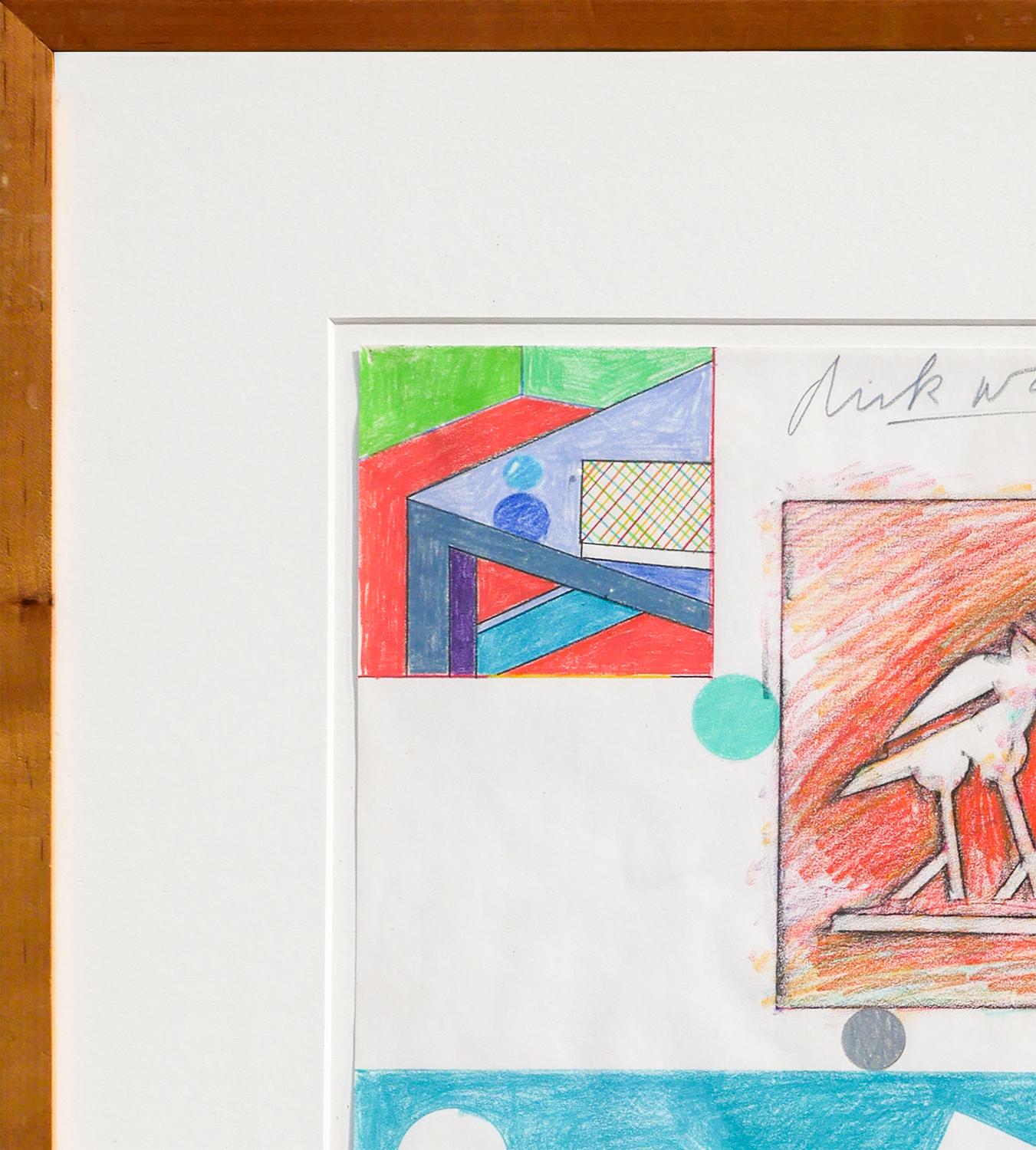 Colorful mixed media drawing of an abstract mixed media collage by Texas Artist, Dick Wray. The work depicts colorful shapes and geometric birds. Signed and dated by the artist at the top of the work. Framed and matted in a simple wooden frame.