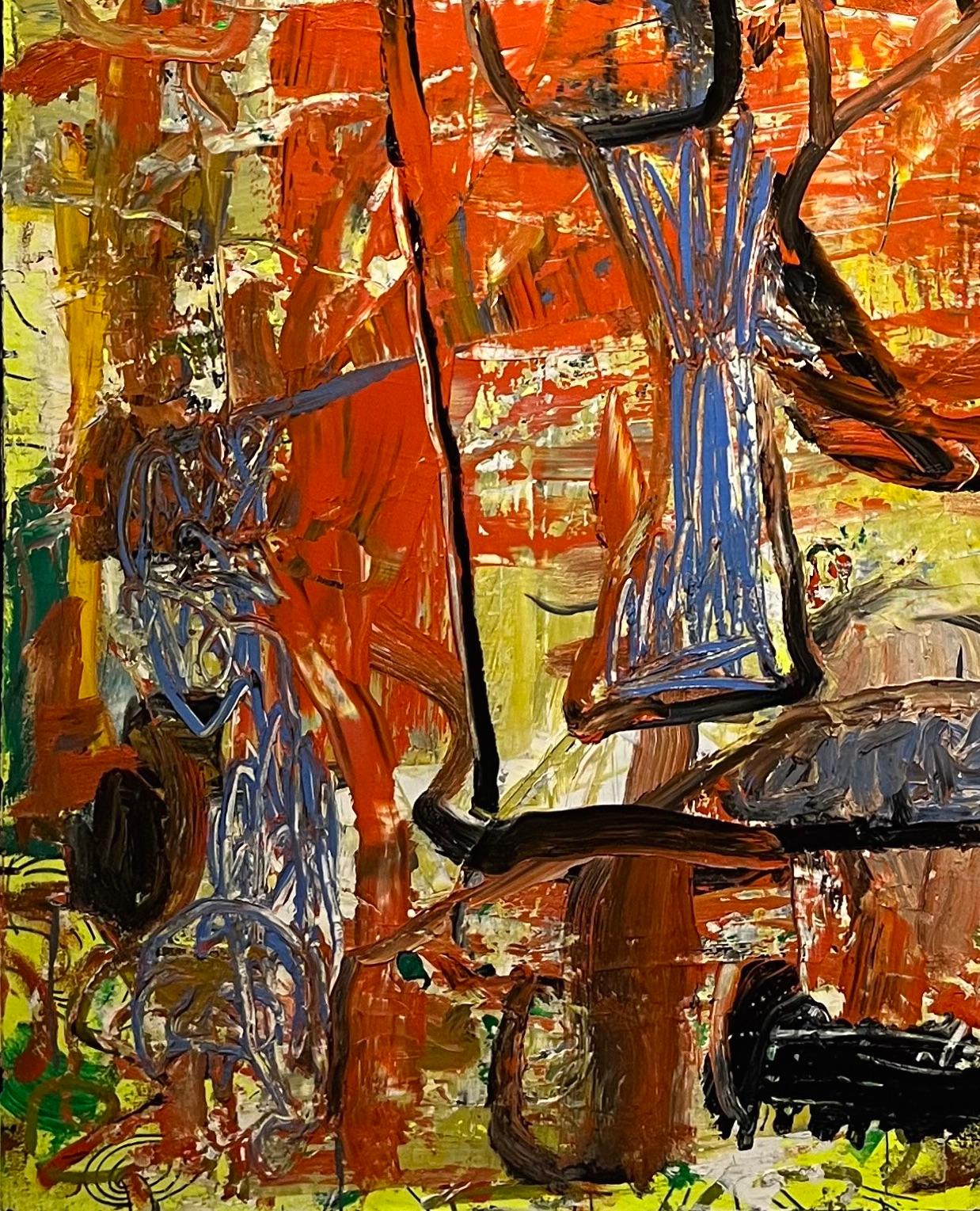 Dieses abstrakte Ölgemälde des verstorbenen Künstlers Dick Wray aus Houston zeichnet sich durch seine kinetische Energie aus. Die dicken Farbschichten sorgen für eine bemerkenswerte Taktilität, die man bei Dick Wrays Kunstwerken häufig findet. Die