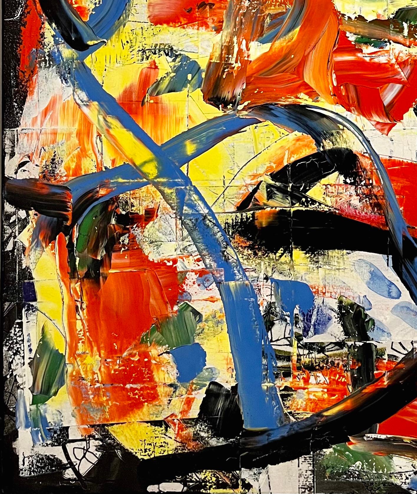 Dieses lebendige Kunstwerk des verstorbenen Houstoner Künstlers Dick Wray ist ein abstraktes Ölgemälde im Stil des abstrakten Expressionismus. Die dicken Farbschichten sorgen für eine bemerkenswerte Taktilität, die man bei Dick Wrays Kunstwerken