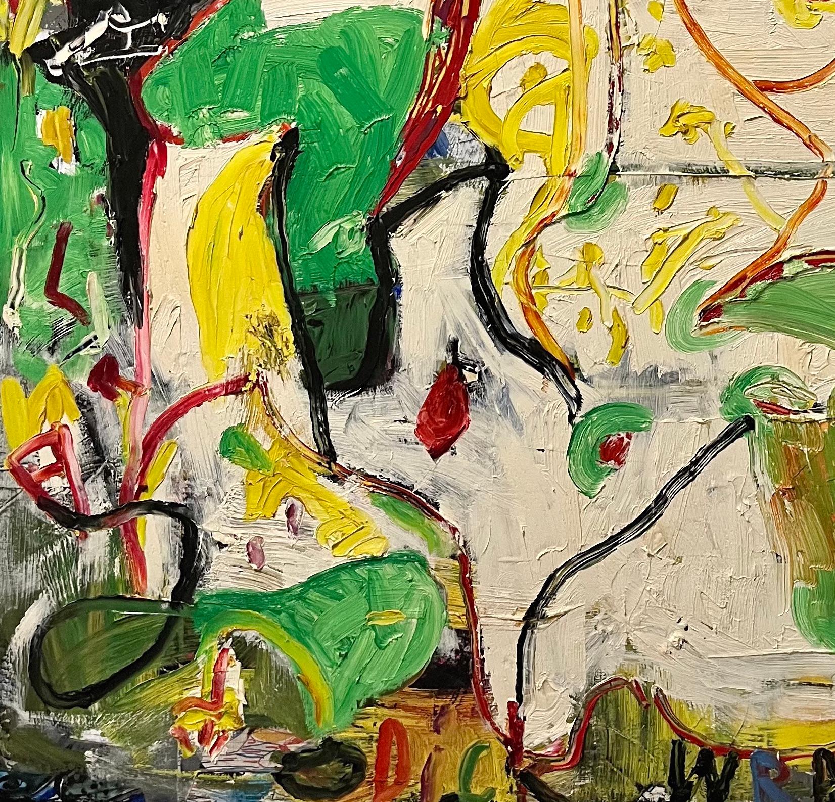 This vibrant artwork by late Houston artist Dick Wray is an abstract oil painting in the style of abstract expressionism. Thick layers of paint foster a remarkable tactility commonly found in Dick Wray’s artwork. However, underneath the bustling