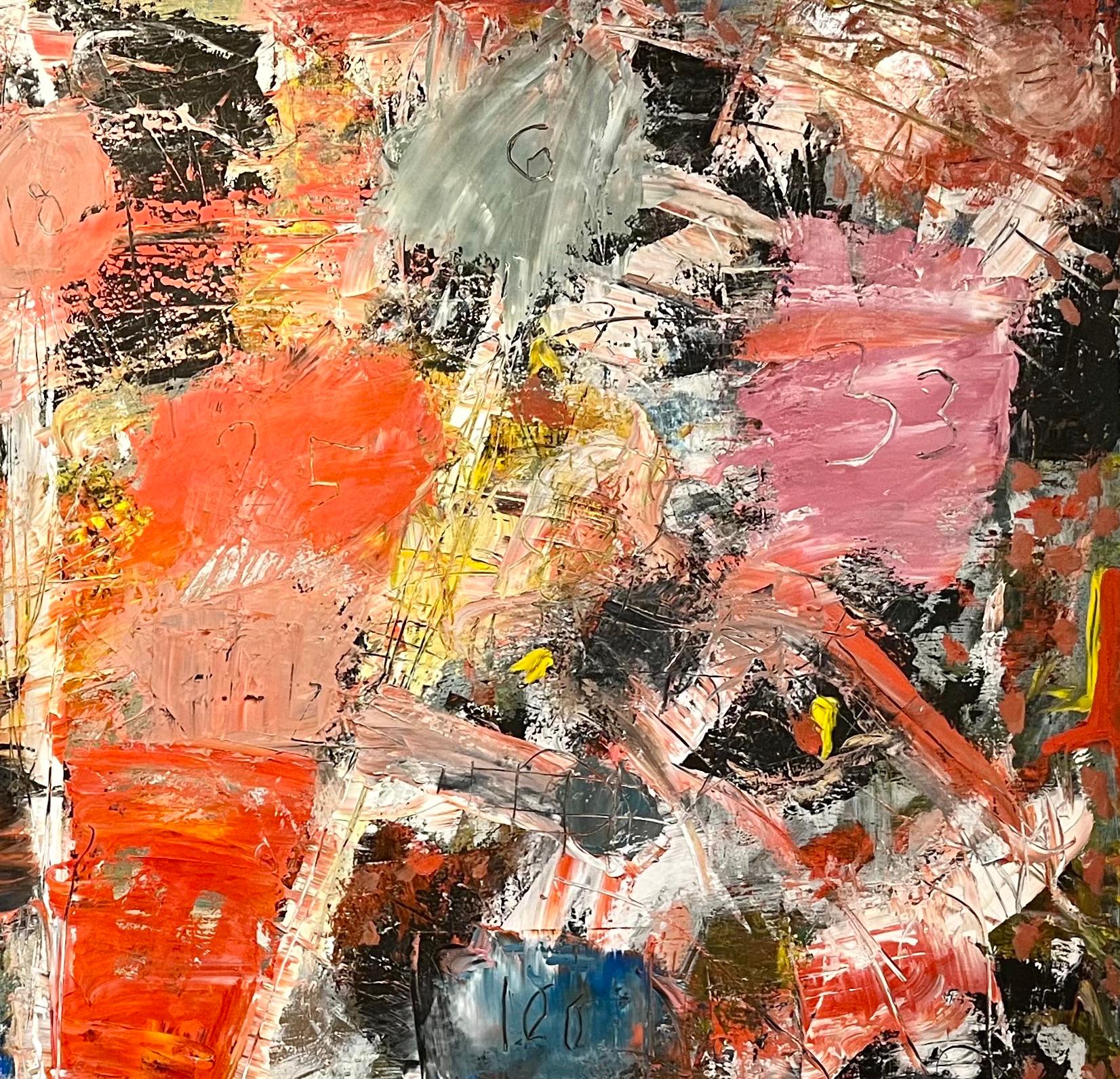 This monumental abstract oil painting by late Houston artist Dick Wray exhibits a striking kinetic energy. Thick layers of paint foster a remarkable tactility commonly found in Dick Wray’s artwork. The treatment of the oil reflects a tendency toward