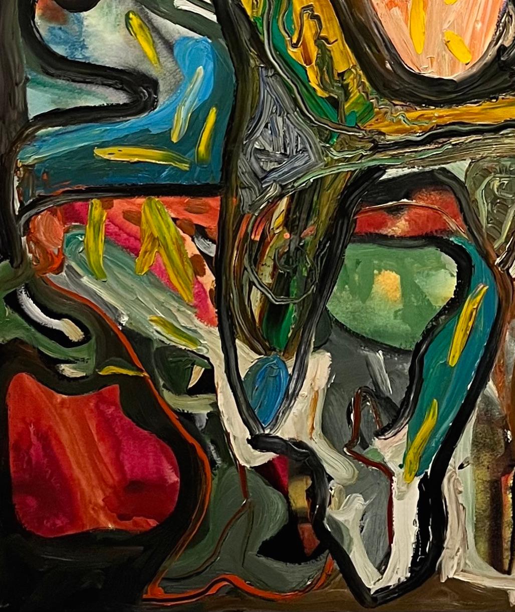 This abstract oil painting by late Houston artist Dick Wray expresses a striking kinetic energy. Thick layers of paint foster a remarkable tactility commonly found in Dick Wray’s artwork. The treatment of the oil reflects a tendency toward impulse
