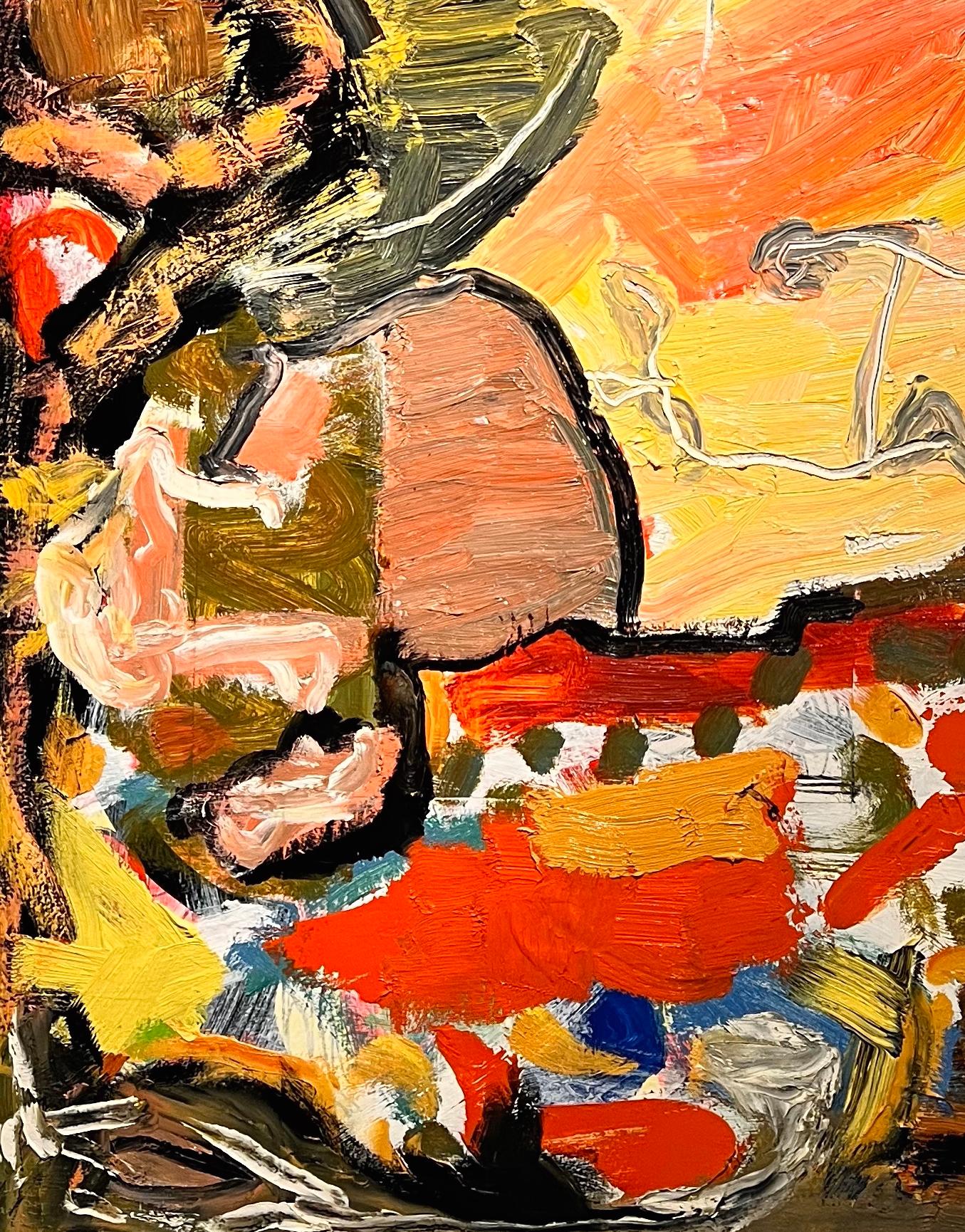This vibrant artwork by late Houston artist Dick Wray is an abstract oil painting in the style of abstract expressionism. Thick layers of paint foster a remarkable tactility commonly found in Dick Wray’s artwork. However, underneath the bustling
