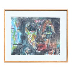 ""Untitled (Face)" Peinture de portrait abstrait moderne et colorée en techniques mixtes
