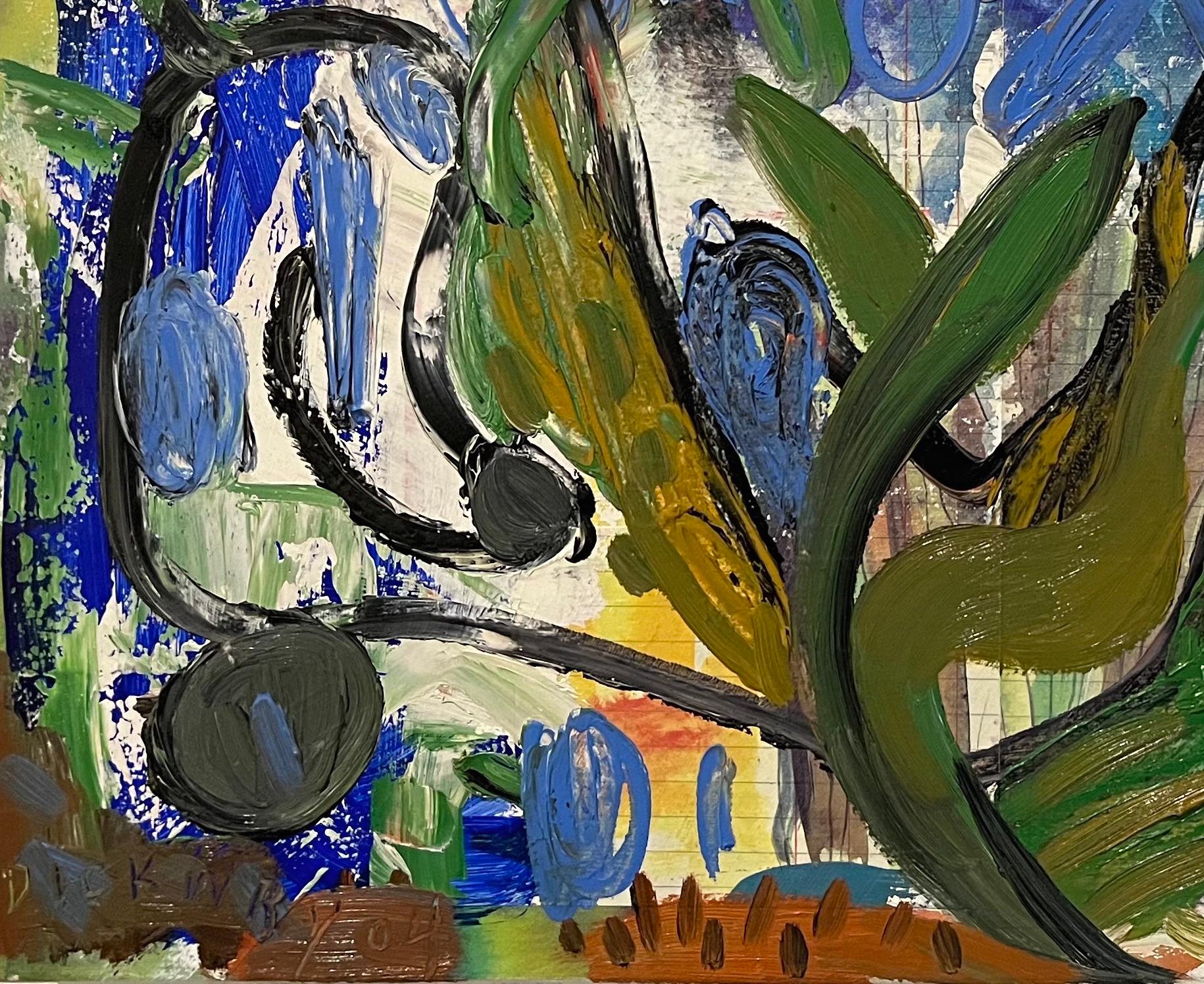 Cette œuvre vibrante de Dick Wray, artiste de Houston aujourd'hui décédé, est une peinture à l'huile abstraite dans le style de l'expressionnisme abstrait. D'épaisses couches de peinture favorisent une tactilité remarquable que l'on retrouve