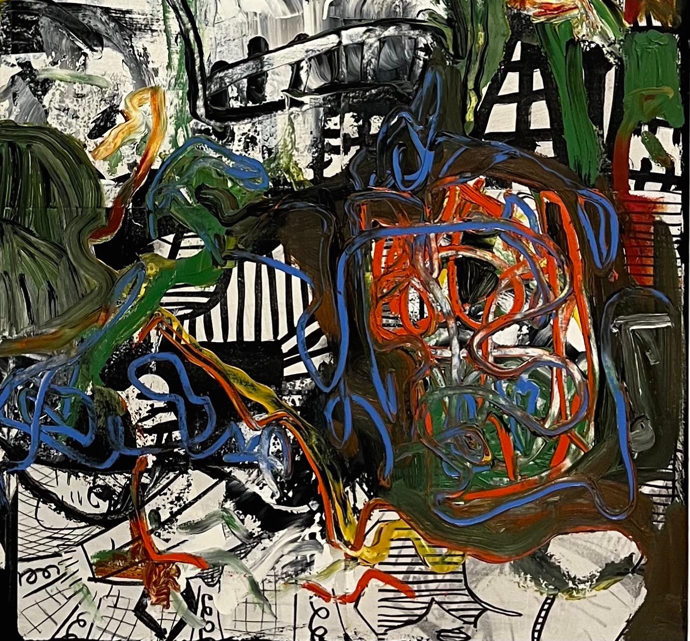 Dieses abstrakte Ölgemälde des verstorbenen Künstlers Dick Wray aus Houston drückt eine beeindruckende kinetische Energie aus. Die dicken Farbschichten sorgen für eine bemerkenswerte Taktilität, die man bei Dick Wrays Kunstwerken häufig findet. Die