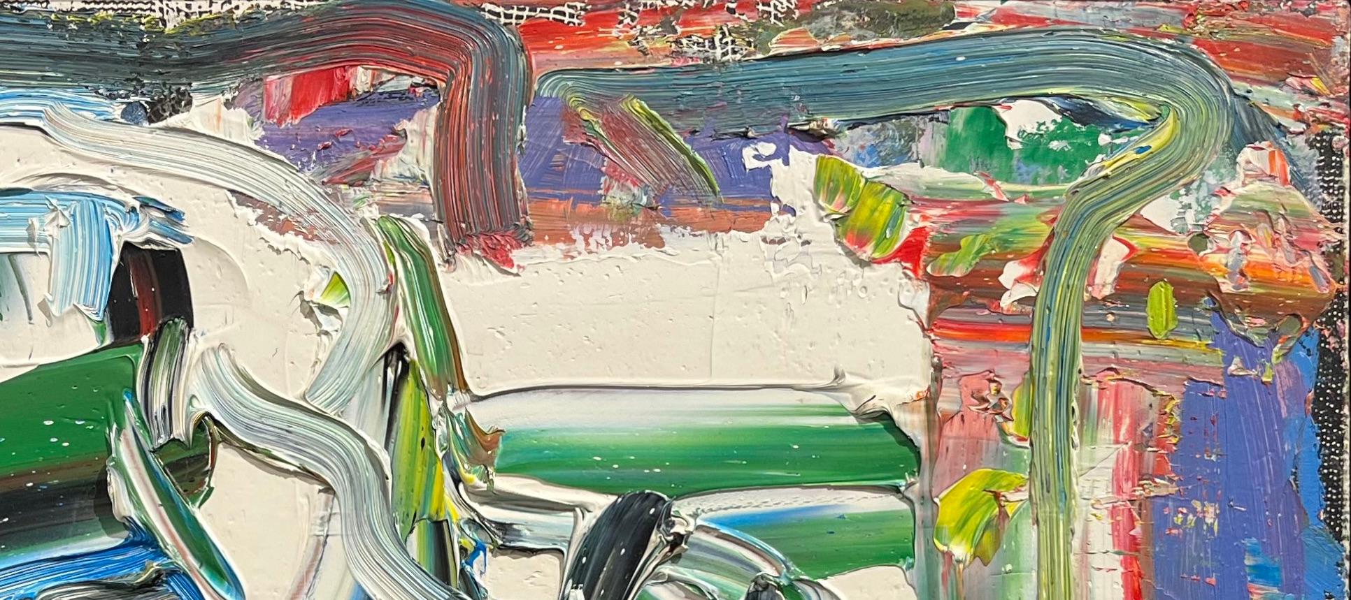 Questo dipinto astratto a olio del compianto artista di Houston Dick Wray esprime una sorprendente energia cinetica. Gli spessi strati di pittura favoriscono una notevole tattilità, comunemente riscontrata nelle opere di Dick Wray. Il trattamento