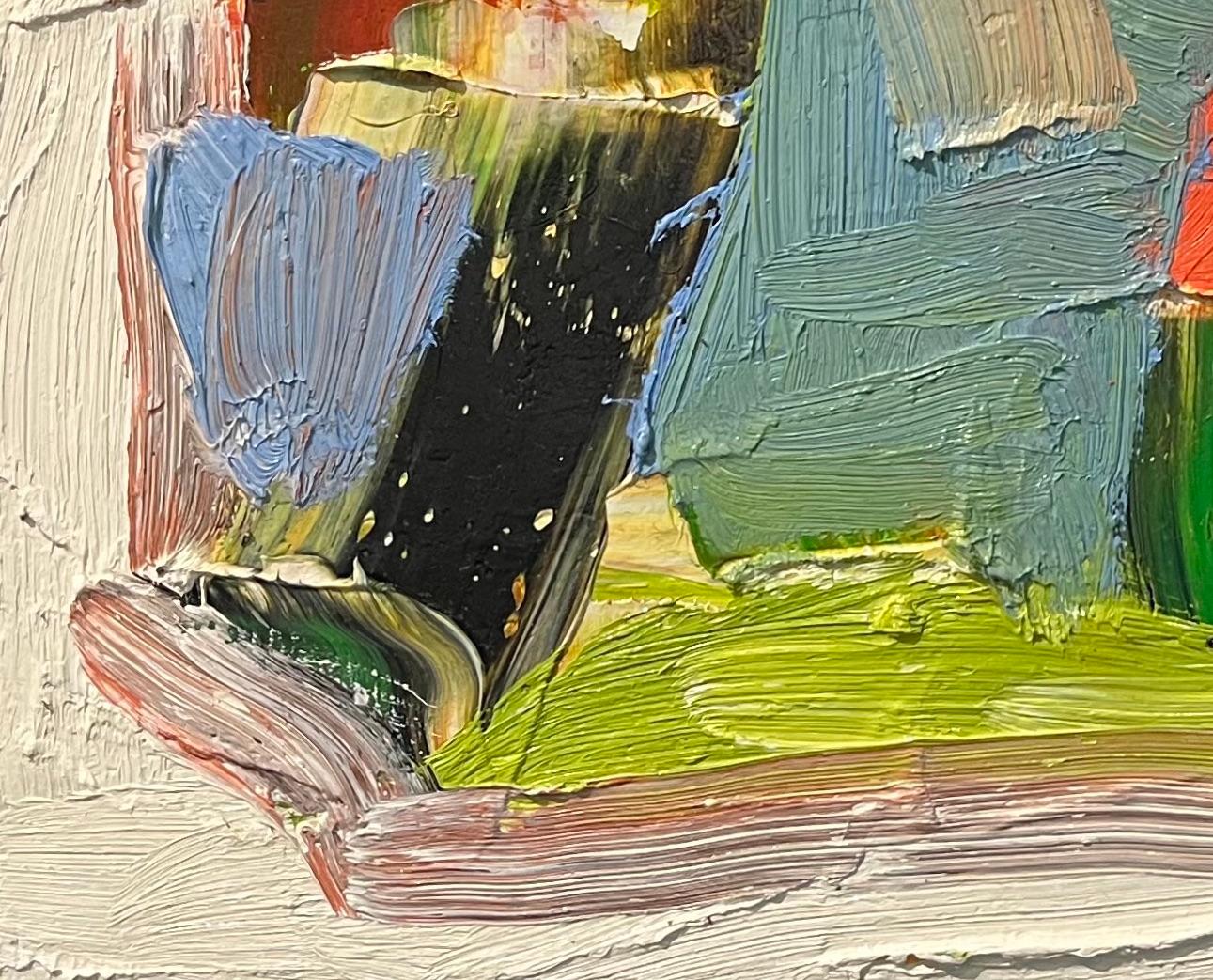 Questo dipinto astratto a olio del compianto artista di Houston Dick Wray esprime una sorprendente energia cinetica. Gli spessi strati di pittura favoriscono una notevole tattilità, comunemente riscontrata nelle opere di Dick Wray. Il trattamento