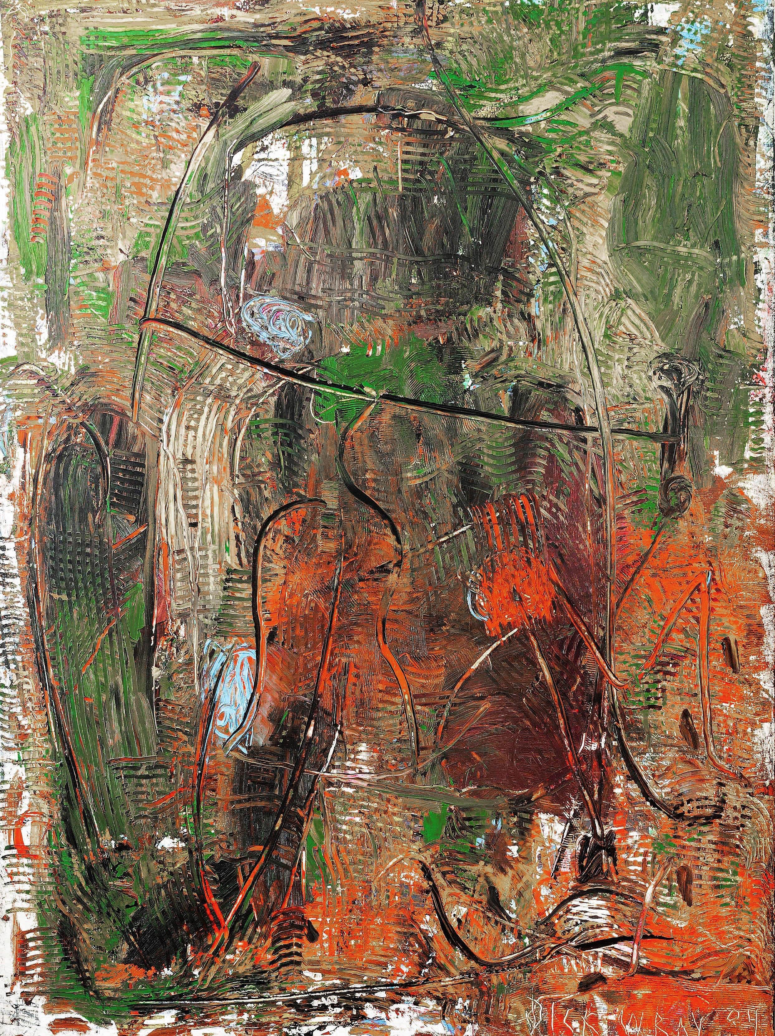 Dick Wray Abstract Painting – ""Untitled", Öl, Mischtechnik auf Holz - Abstraktes Gemälde