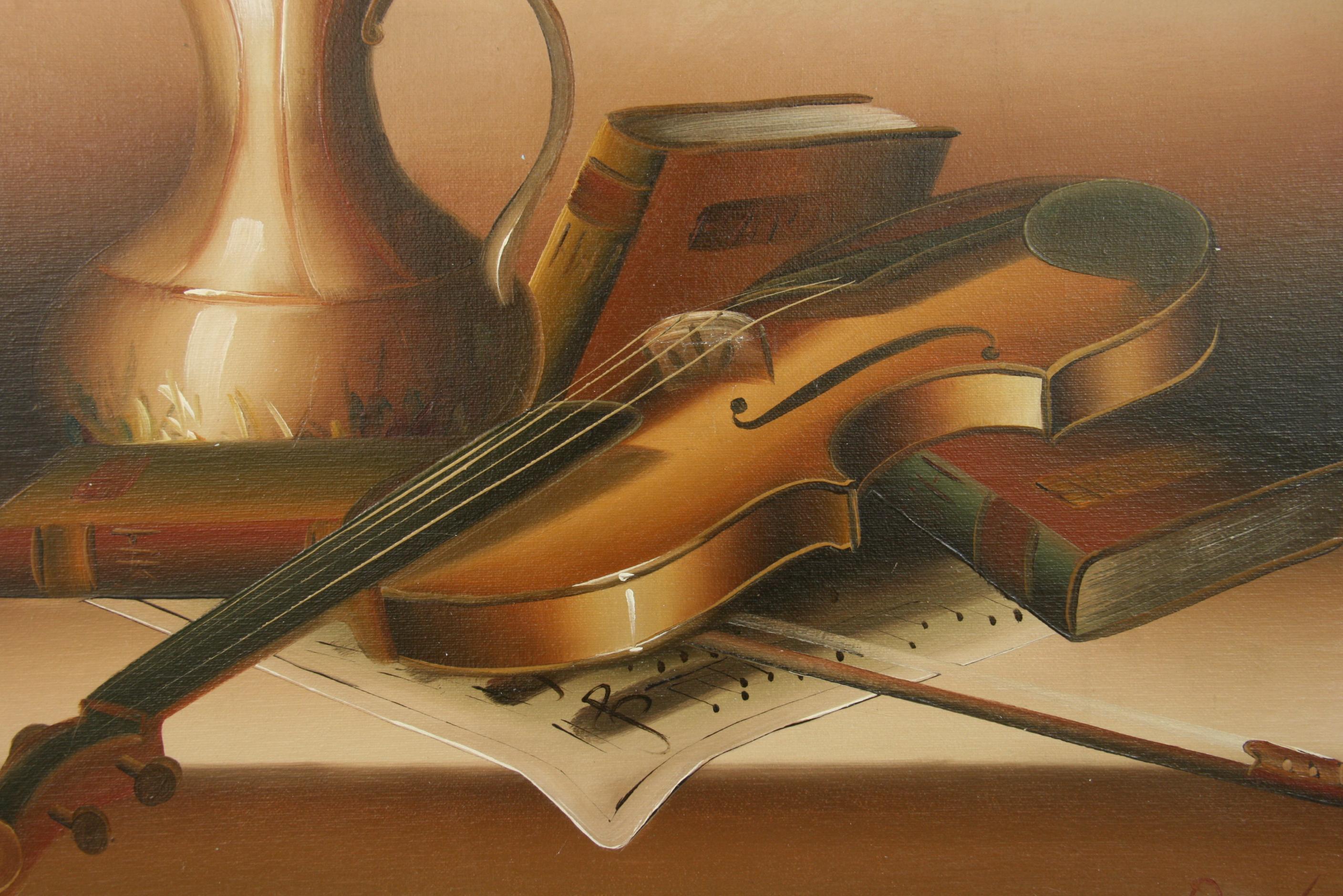 Vintage Violin Musical Still Life Oil Painting For Sale 2