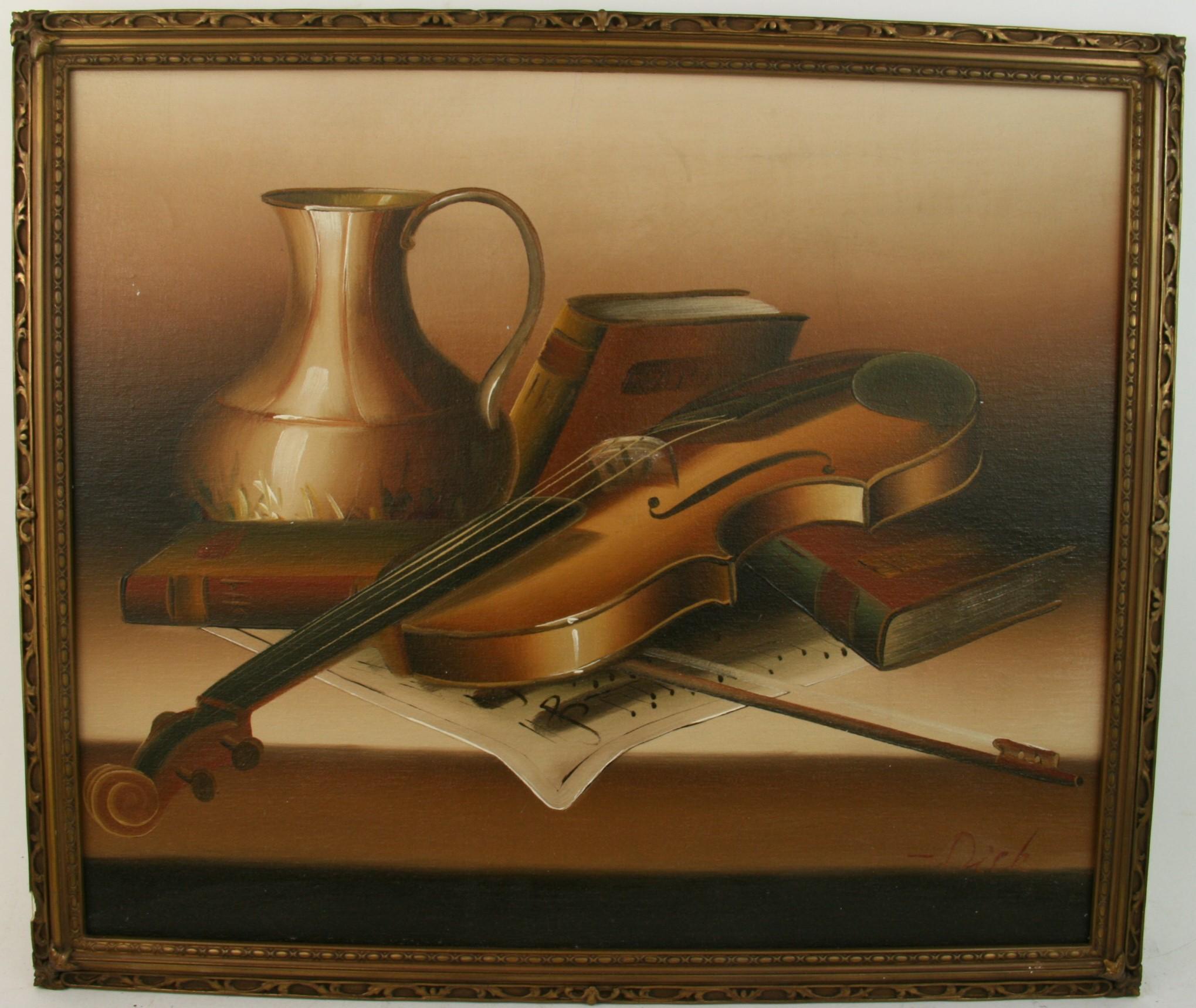 Vintage Violin Musical Still Life Oil Painting For Sale 4