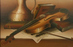 Dipinto a olio vintage con natura morta raffigurante un violino, incorniciato, anni ’80, 21x18 pollici