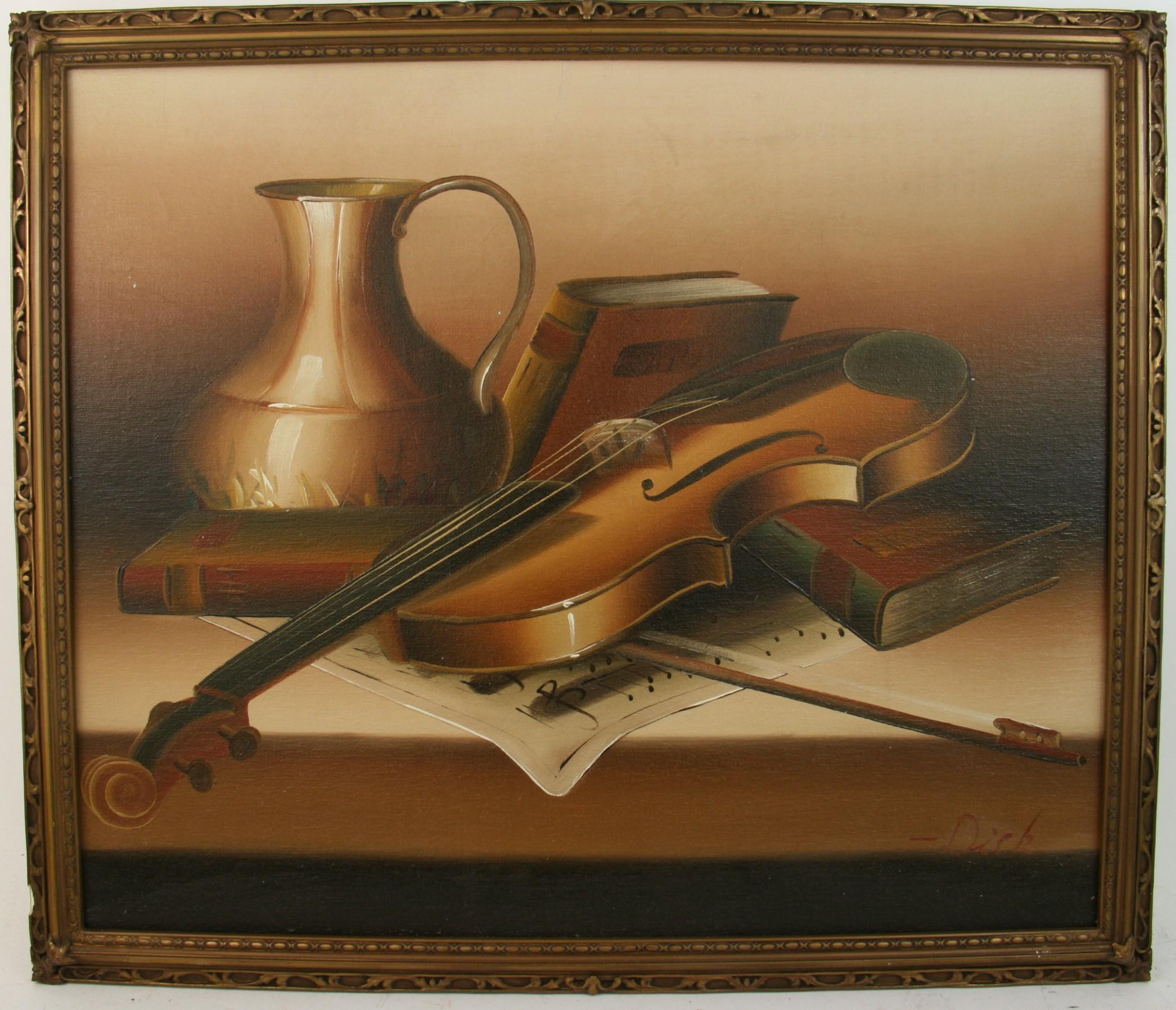 Vintage Violin Still Life Oil Painting, Framed, 1980s, 21x18 Inches