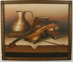 Dipinto a olio vintage con natura morta raffigurante un violino, incorniciato, anni ’80, 21x18 pollici