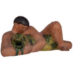 Dickman Walker Ceramic Sculpture, circa 1940s, Man Wrestles Fish