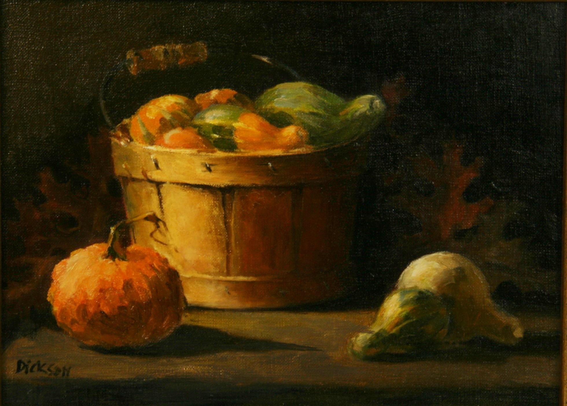 Still-Life Painting di Dickson - Impressionista vintage  Pittura a olio "Verdure autunnali in un cesto" Natura morta