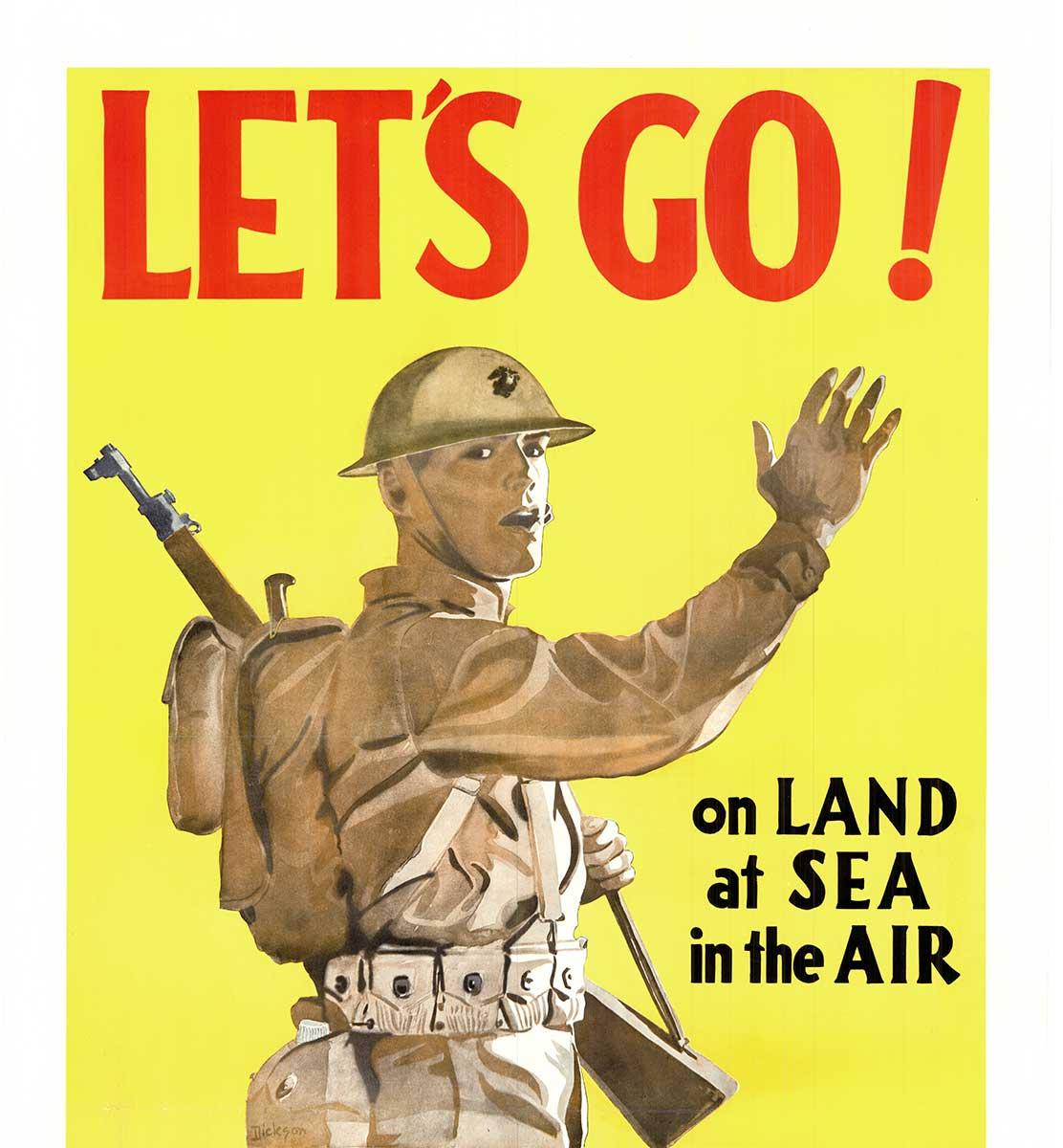 Poster originale Let's Go U. S. Marines On Land at Sea in the Air, vintage della seconda guerra mondiale - Print di Dickson