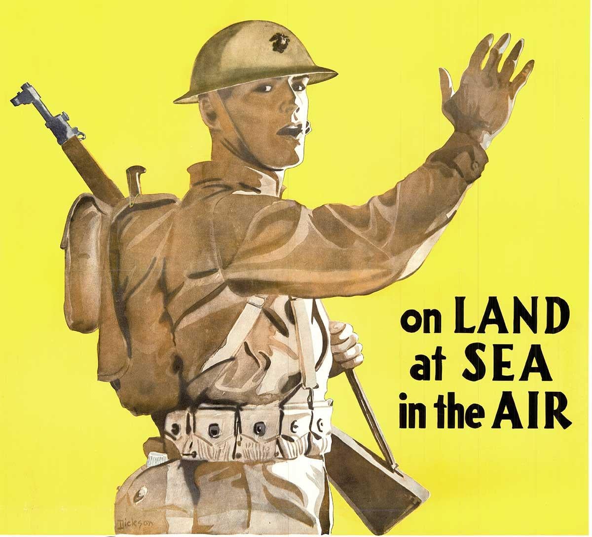 Poster originale Let's Go U. S. Marines On Land at Sea in the Air, vintage della seconda guerra mondiale - Print American Modern di Dickson