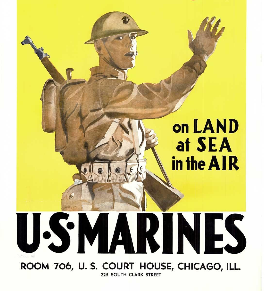 Poster originale Let's Go U. S. Marines On Land at Sea in the Air, vintage della seconda guerra mondiale - Portrait Print Giallo di Dickson