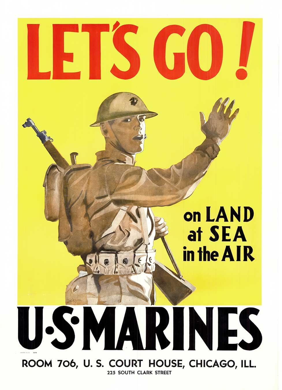 Originale, LET'S GO!  U.S. MARINES, on Land at Sea and in the Air, poster d'epoca del 1941.    Con supporto in lino d'archivio e pronto per essere incorniciato.   I segni di piegatura originali del governo degli Stati Uniti sono stati restaurati