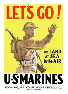 Original Let's Go U. S. Marines On Land at Sea in the Air cartel vintage WW2