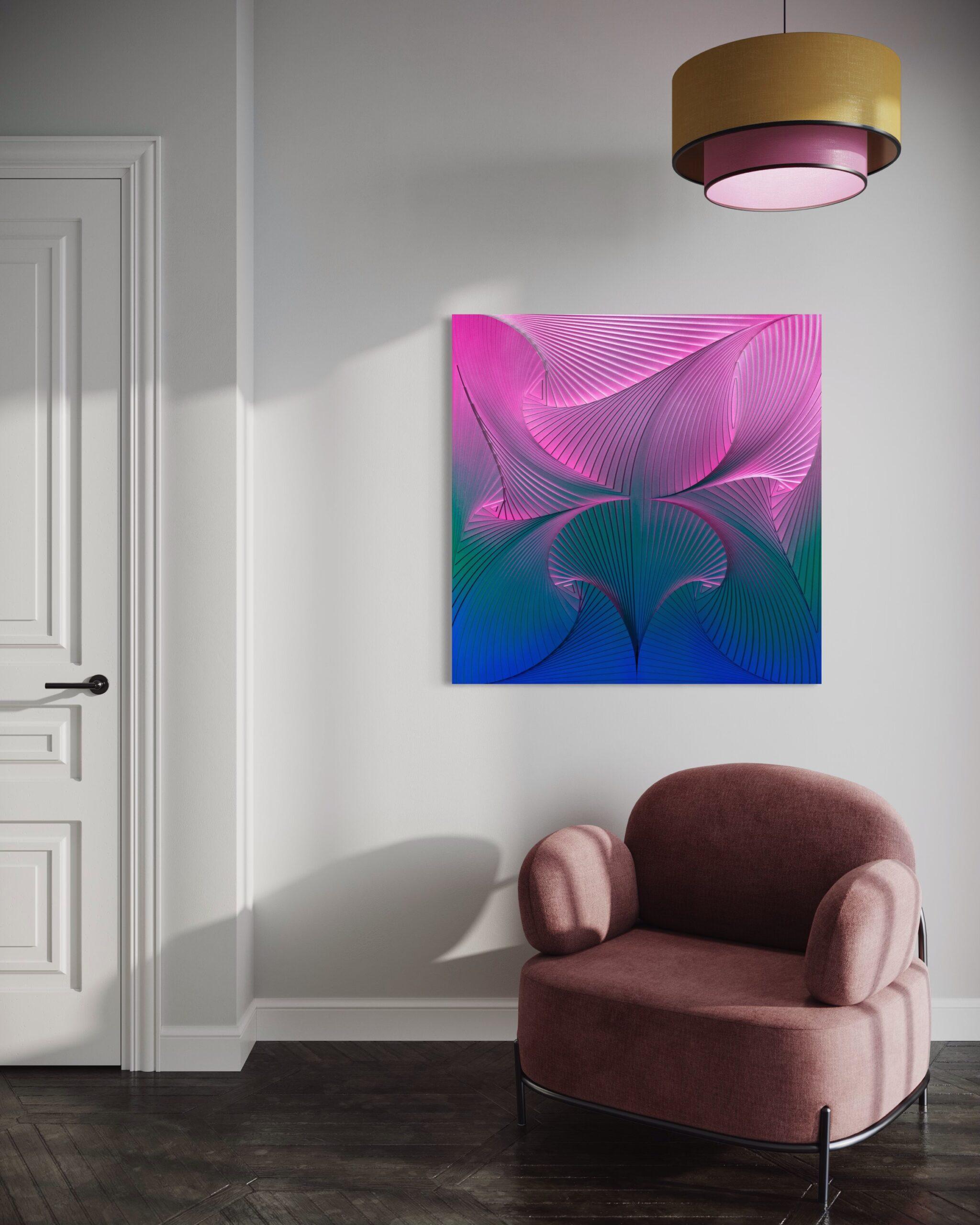 In Didem Yagci’s artwork “Aurora,” she intricately layers cut wood panels on plaster, creating a mesmerizing symmetrical design. The wall sculpture is animated by a flawless gradient of paint, smoothly shifting from cobalt blue to green and