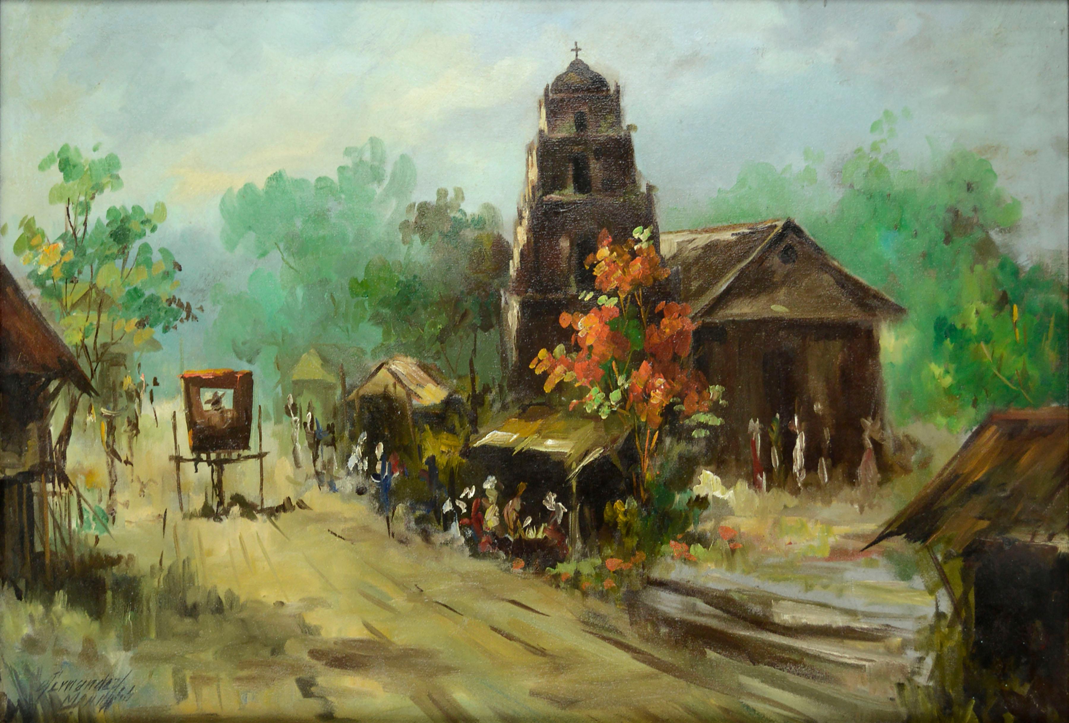 Old Manila Street Scene, Mid Century Modern Figurative Landscape  - Painting by Didi Fernandez