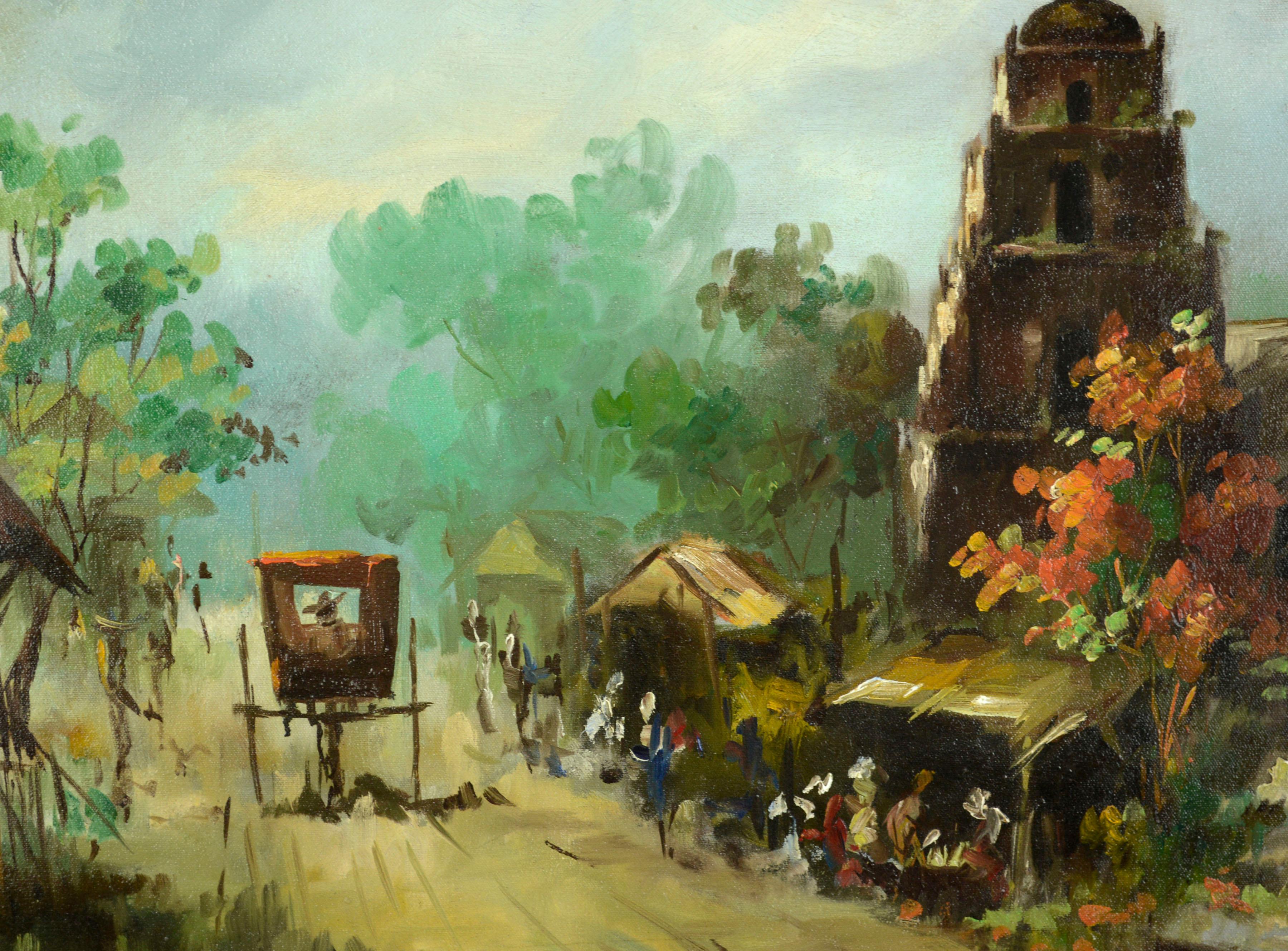 Alte Straßenszene in Manila, moderne figurative Landschaft aus der Mitte des Jahrhunderts  (Impressionismus), Painting, von Didi Fernandez