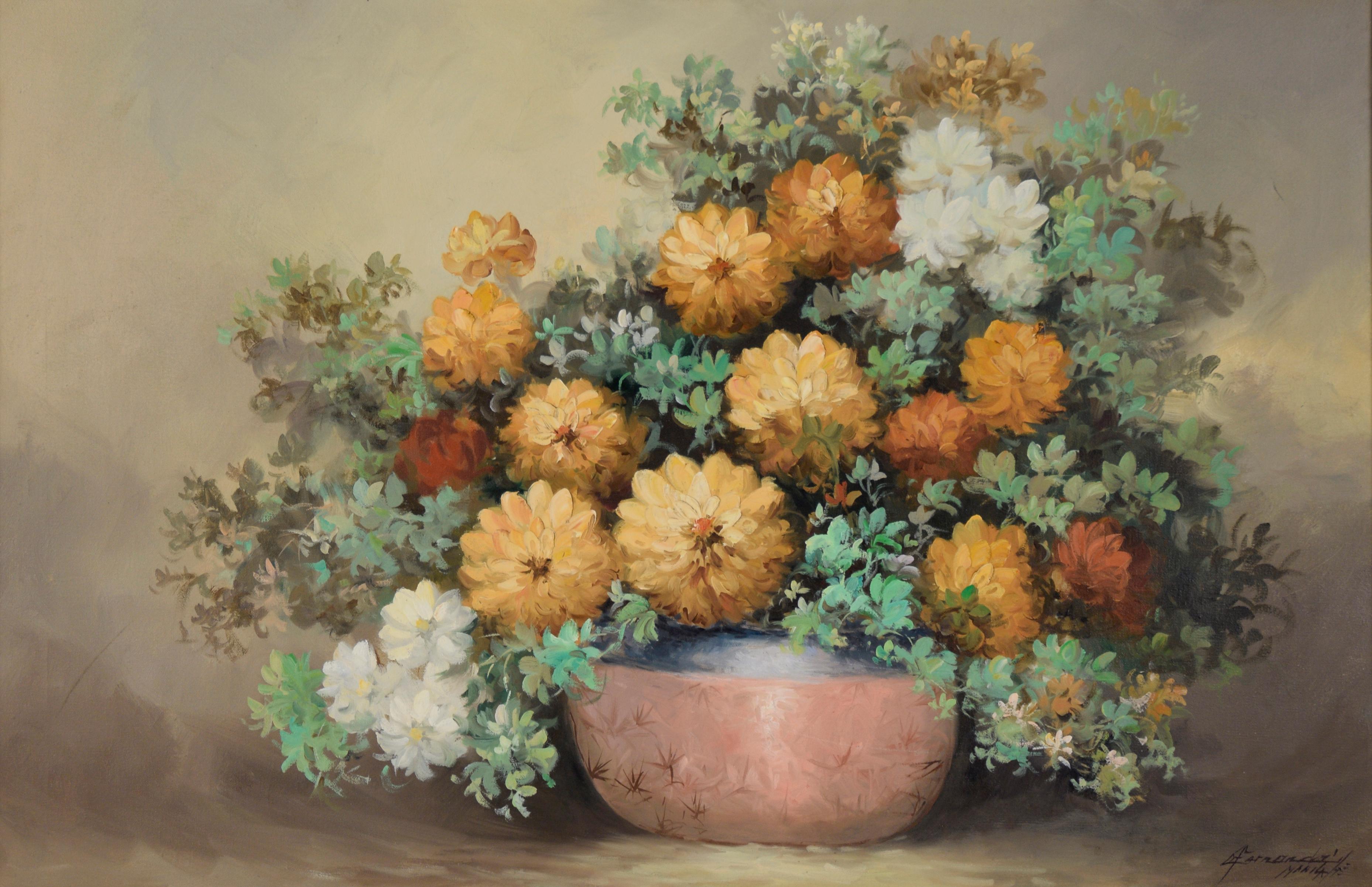 Natura morta con composizione floreale bianca e gialla Olio originale su tela - Painting di Didi Fernandez