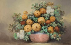 Nature morte avec arrangement floral blanc et jaune Huile originale sur toile