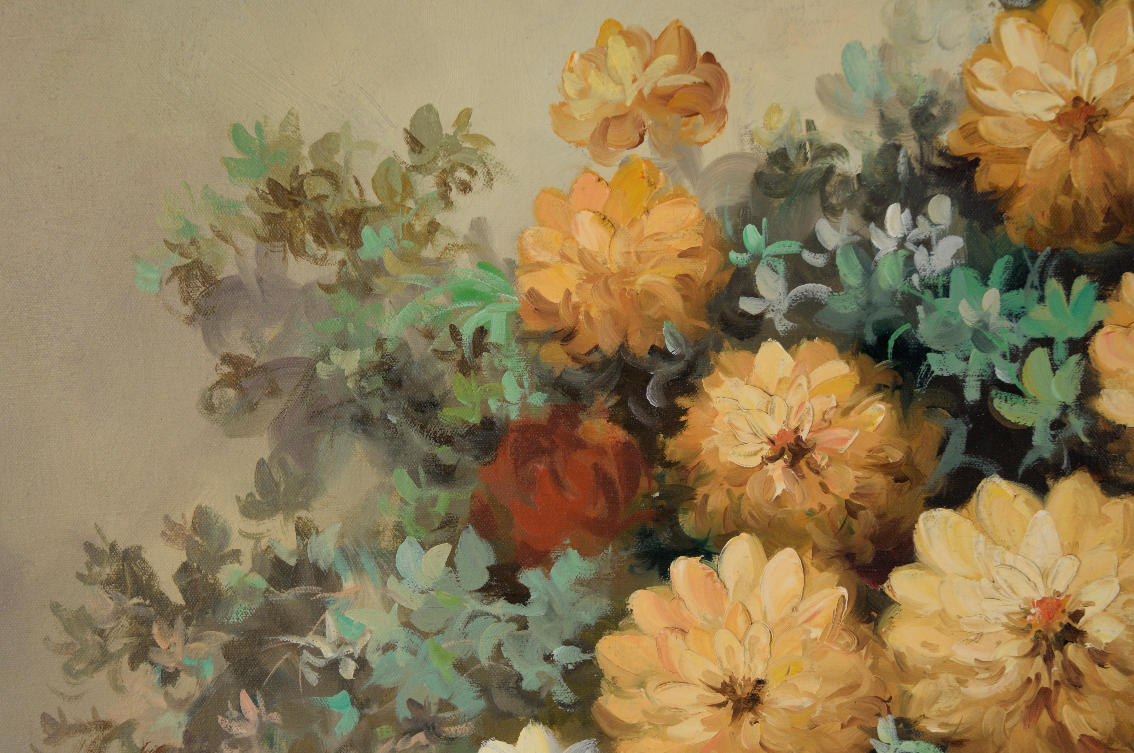 Natura morta con composizione floreale bianca e gialla Olio originale su tela

Natura morta vibrante con impasto spesso di Didi Fernandez (filippino, XX secolo). Una composizione floreale con fiori bianchi e gialli e fogliame verde brillante. I