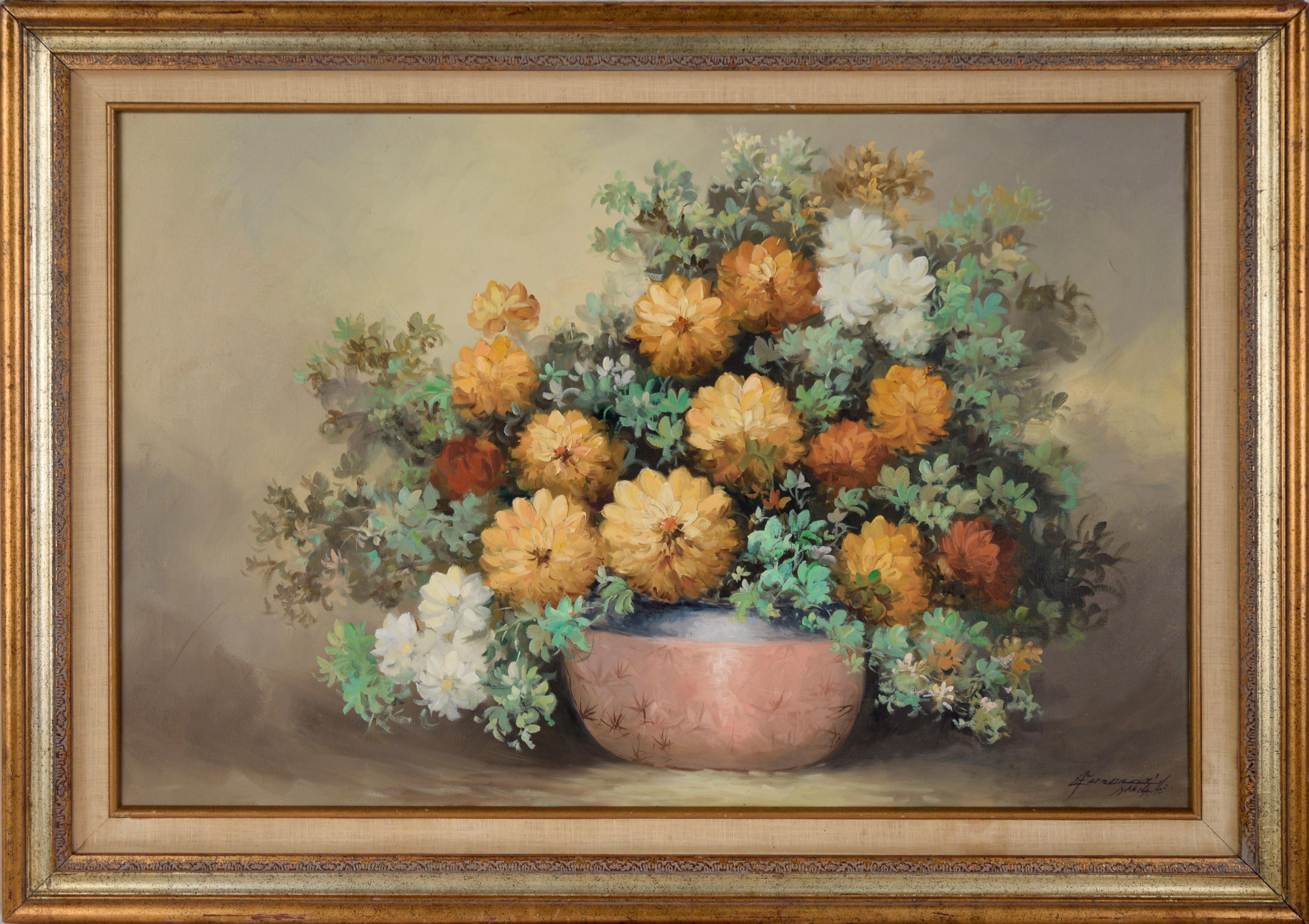 Still Life with White and Yellow Floral Arrangement Original Oil on Canvas