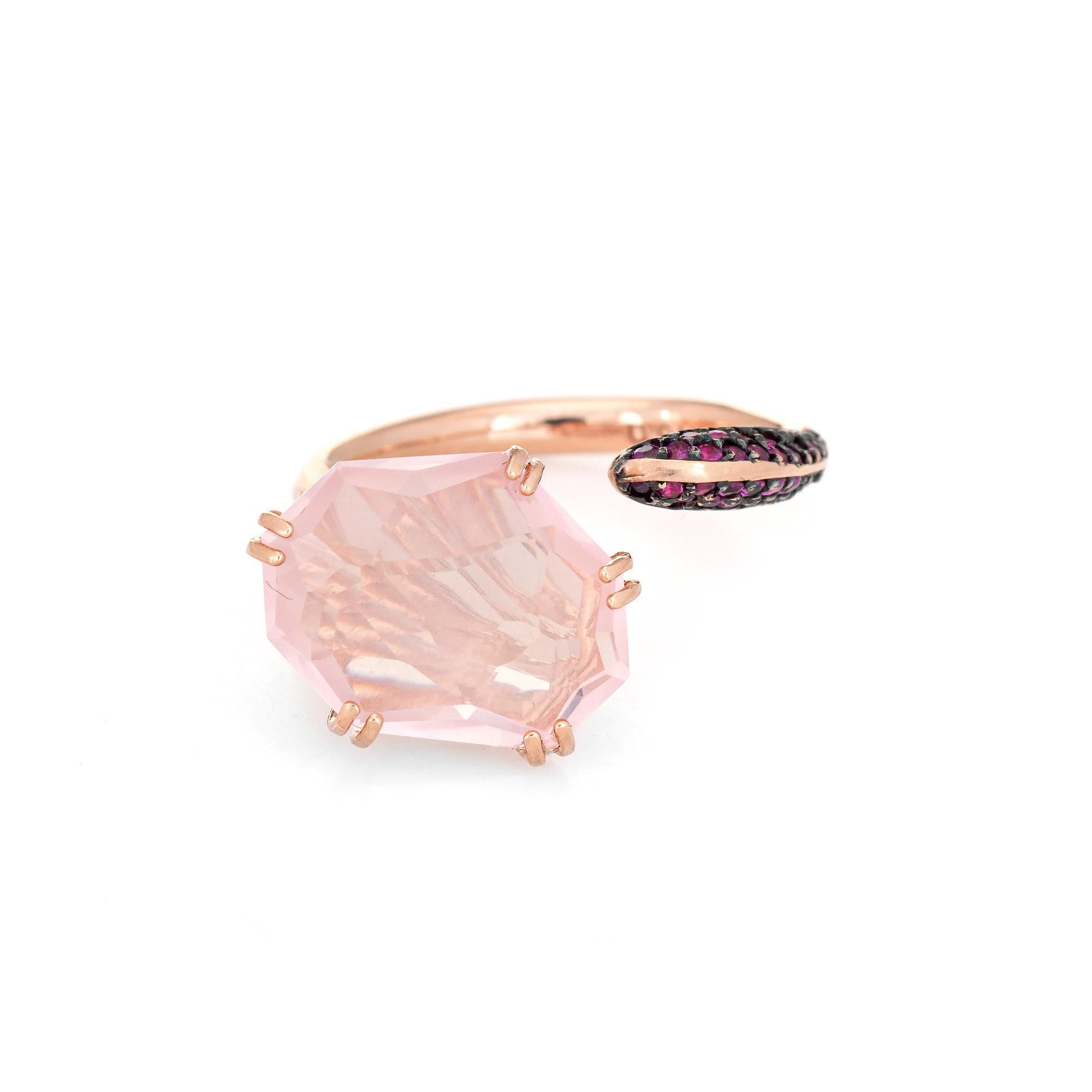 Stylish pre owned Didier Dubot rose quartz & ruby ring crafted in 14 karat rose gold. 

Faceted rose quartz measures 13mm x 10mm. 30 rubies total an estimated 0.15 carats. The rubies and quartz are in excellent condition and free of cracks or chips.