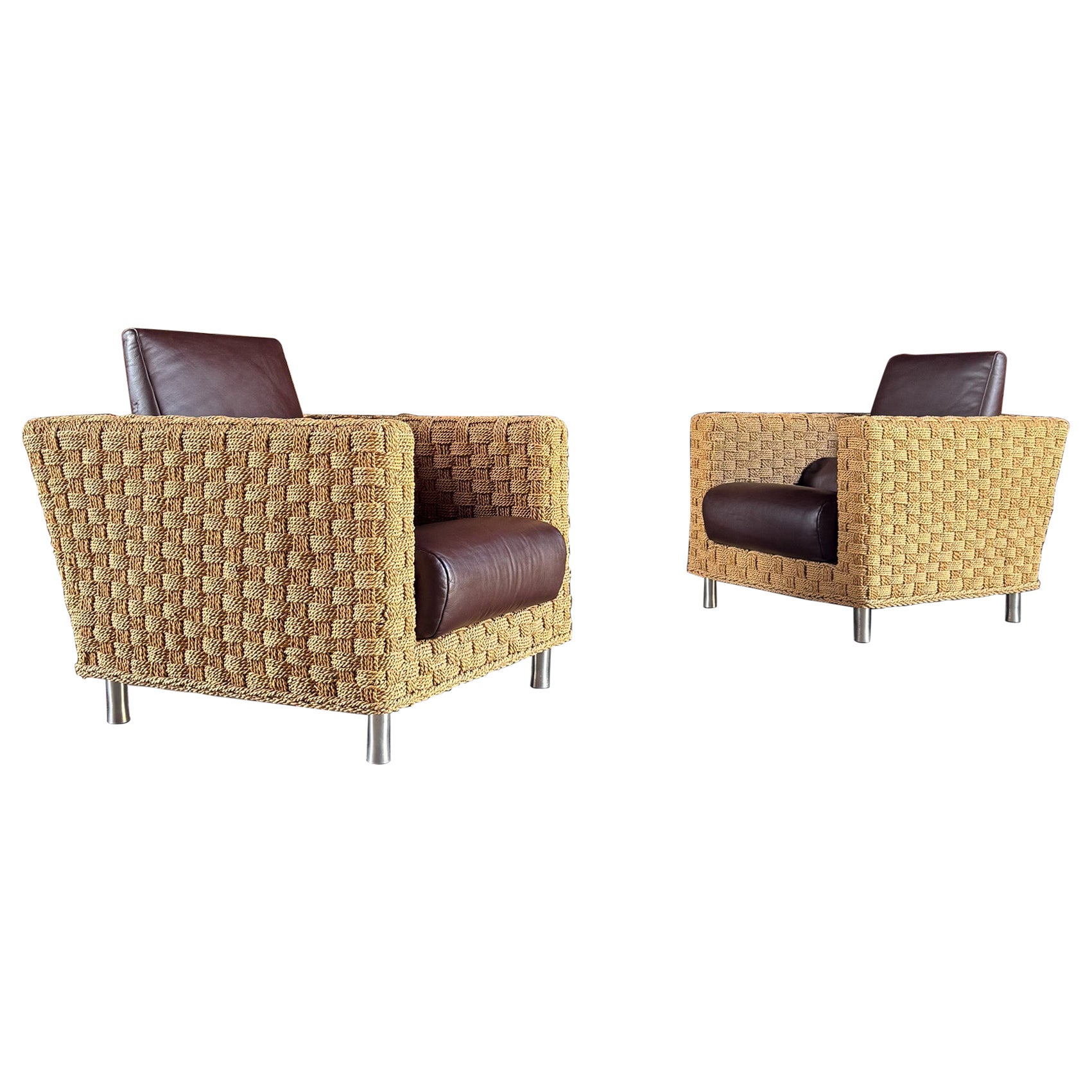 Didier Gomez Hemp & Leather " Wicky " Chairs for Ligne Roset, France, c.1995 For Sale