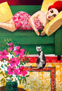 Cat & Flower- Original Lithograph by Spanish Artist Didier Lourenço