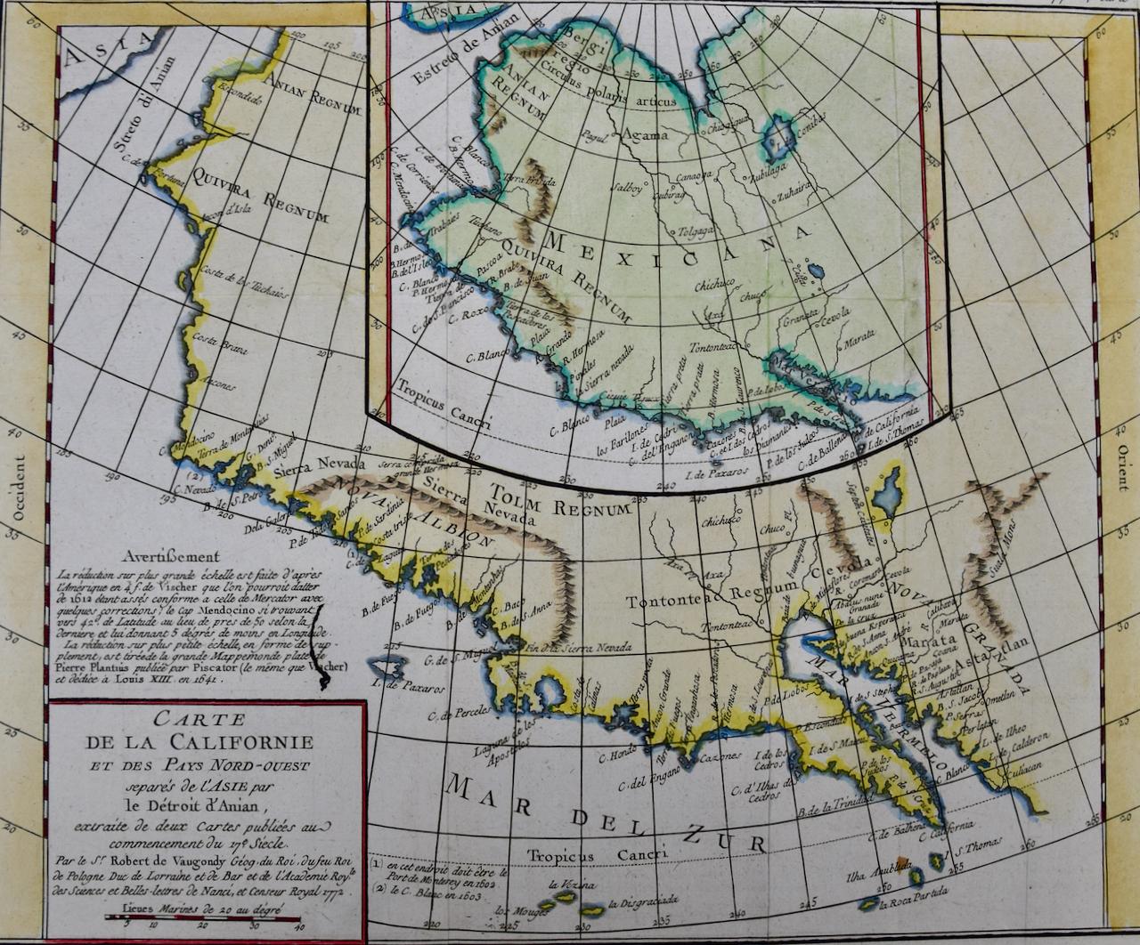 California: 18th Century Hand-colored Map by de Vaugondy  - Print by Didier Robert de Vaugondy