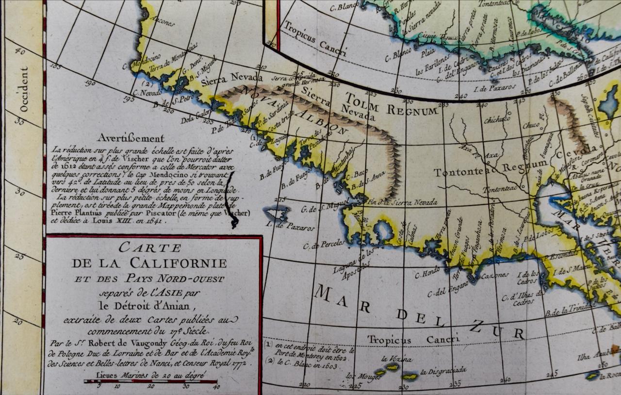Kalifornien: handkolorierte Karte von de Vaugondy aus dem 18. Jahrhundert  im Angebot 1