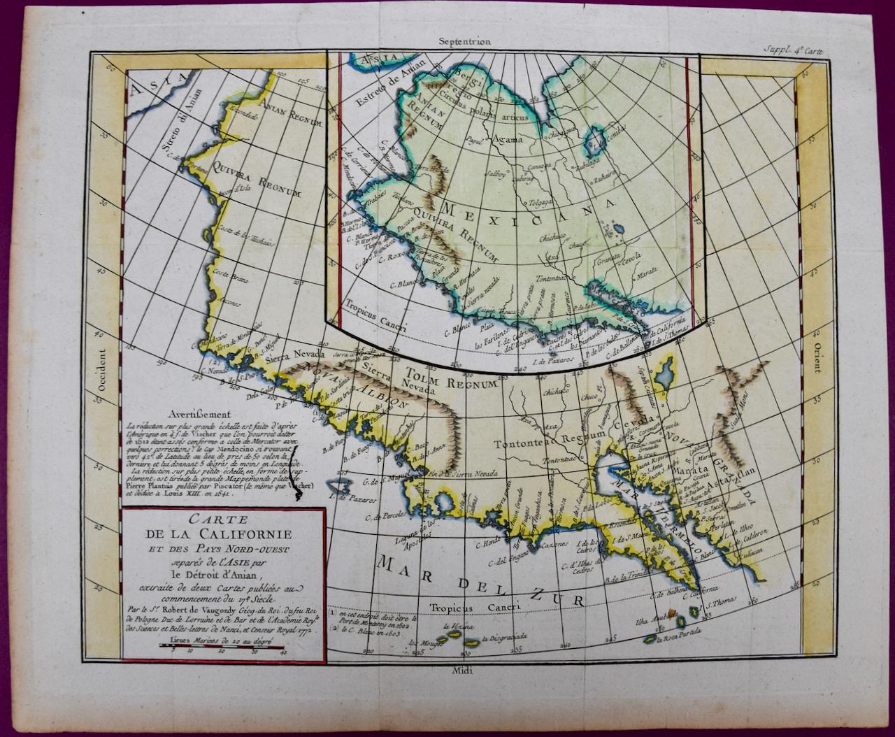 Didier Robert de Vaugondy Print – Kalifornien: handkolorierte Karte von de Vaugondy aus dem 18. Jahrhundert 