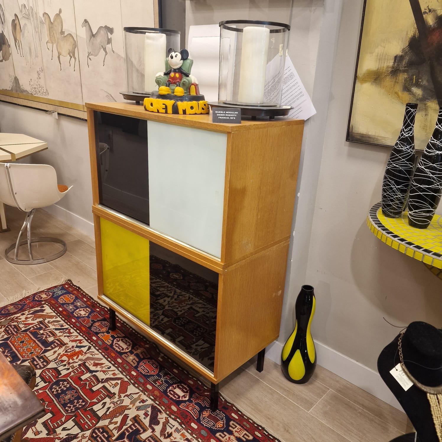 Didier Rozaffy mobilier modulaire jaune noir, bois et verre en vente 11