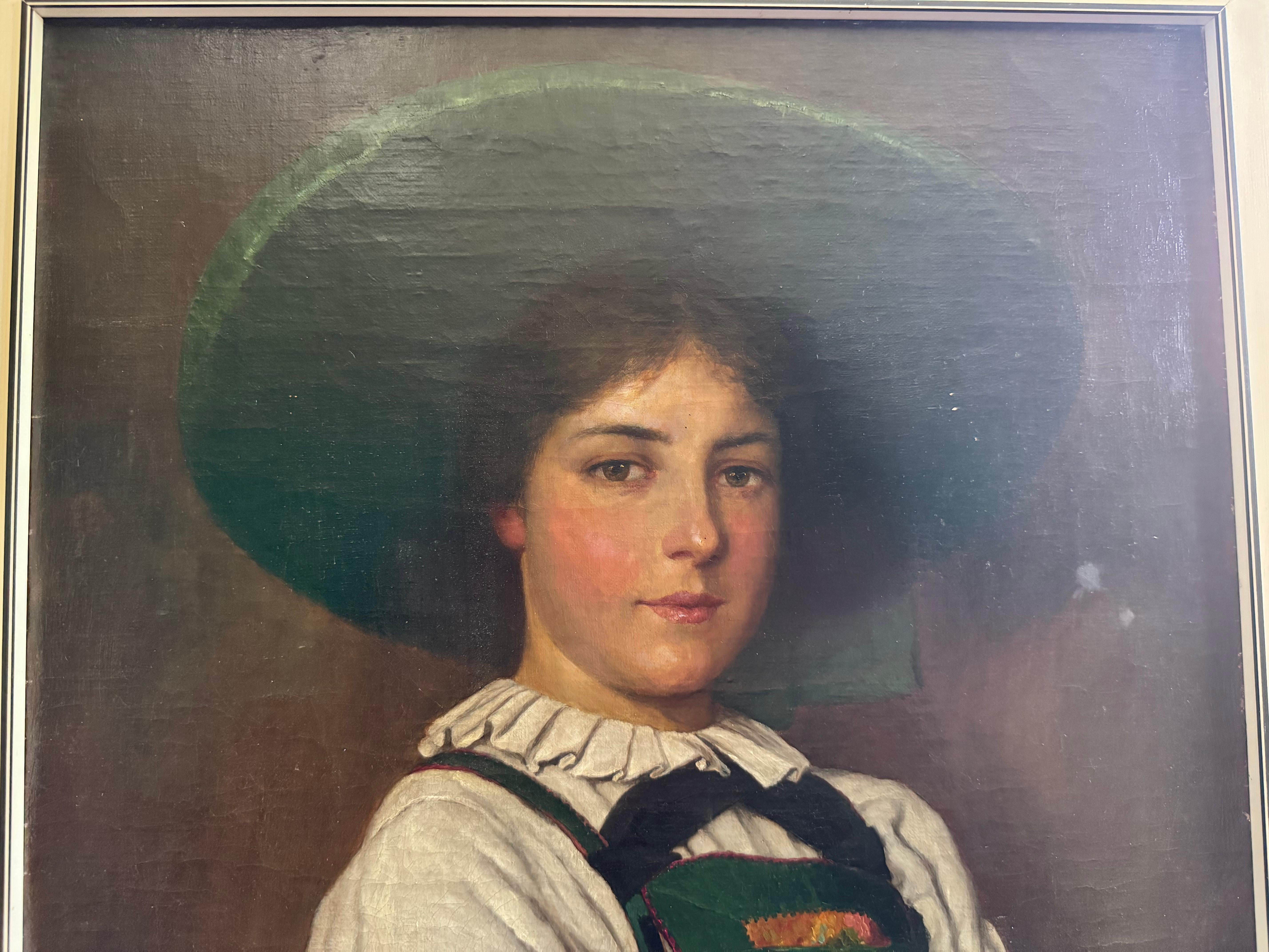 Romantique Die Sarntalerin - par Maximilian Wachsmuth - Portrait à l'huile d'une femme tyrolienne en vente