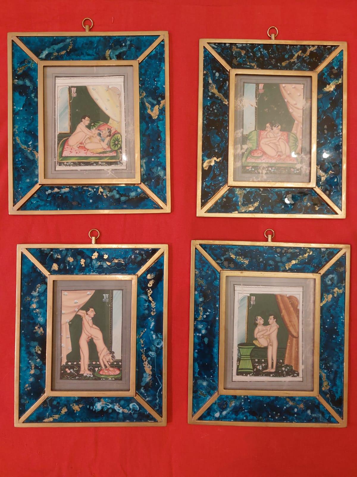 Zehn kleine Gemälde mit Illustrationen aus dem Kamasutra aus dem 19 (Anglo-indisch)