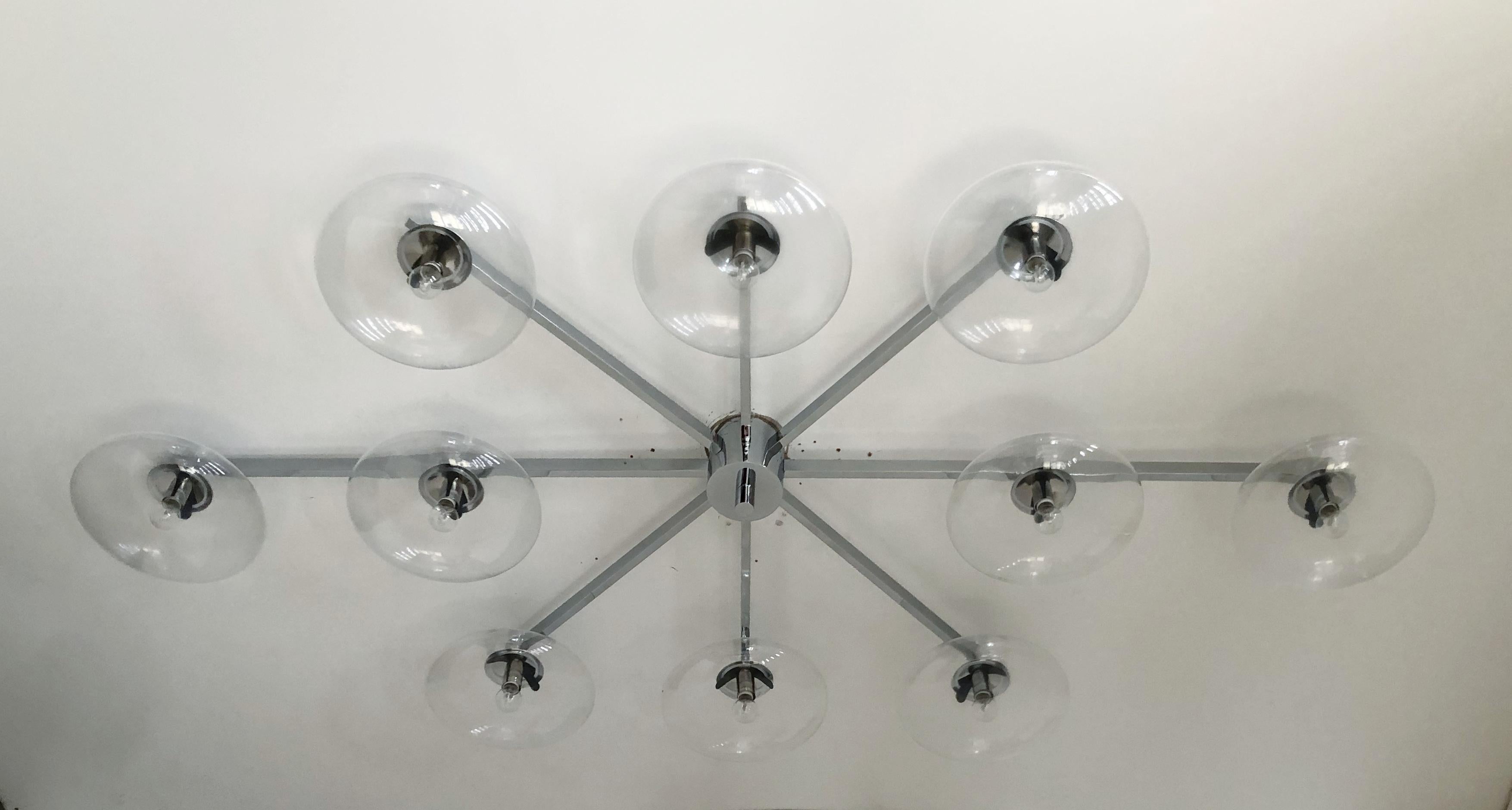 Italian flush mount with Murano glass shades mounted on solid brass frame / Designed by Fabio Bergomi by Fabio Ltd / Made in Italy
Length: 81 inches / Width: 44 inches / Height: 8 inches
10 lights / E12 or E14 type / max 40W each
Order only / This