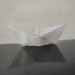 Gemälde eines Papierbootes in Öl auf Leinwand mit dem Titel 'For Pampus'.