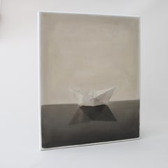Oil on canvas painting of a paper boat