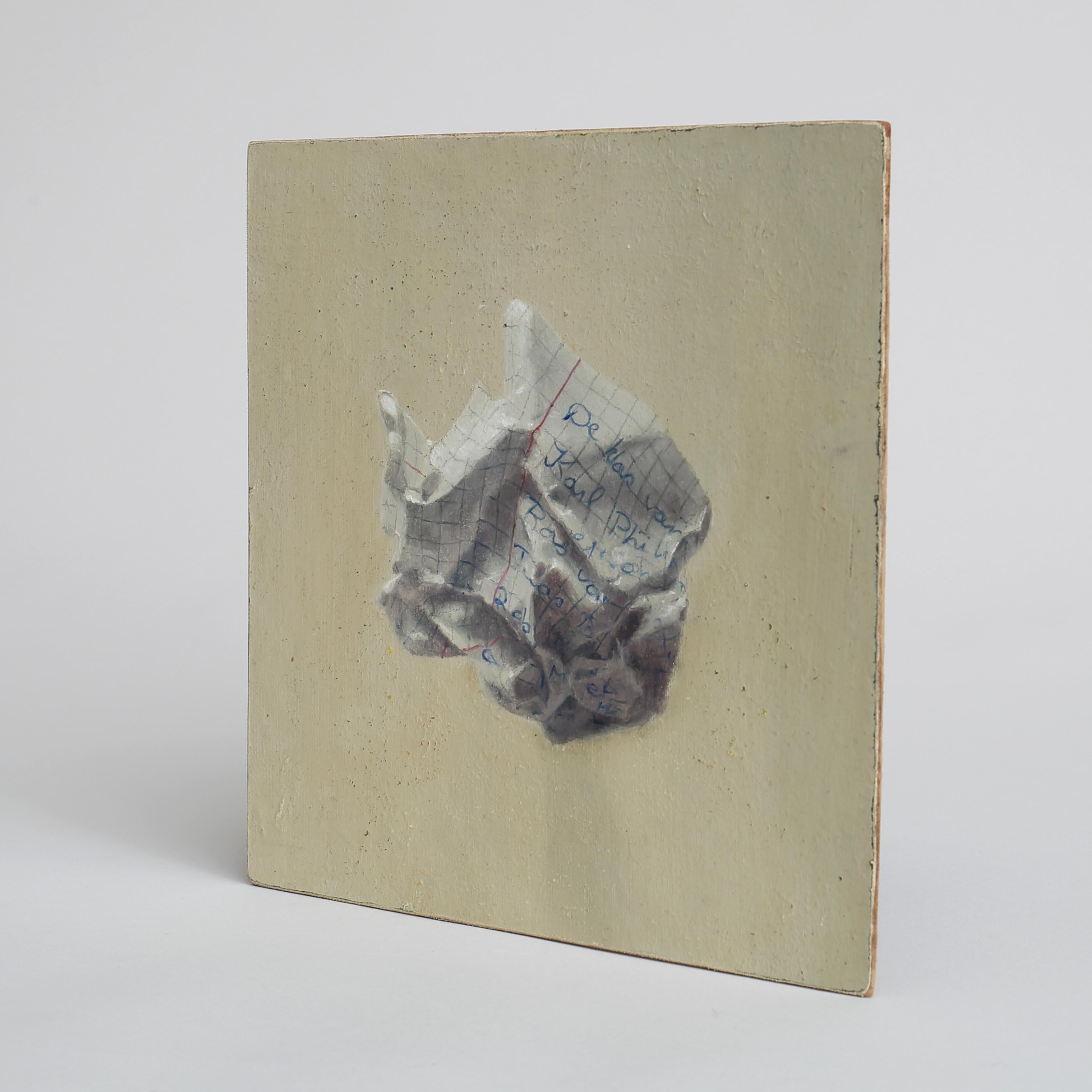 Oil painting on old canvas and then put on thin panel. It depicts a wad of paper. 