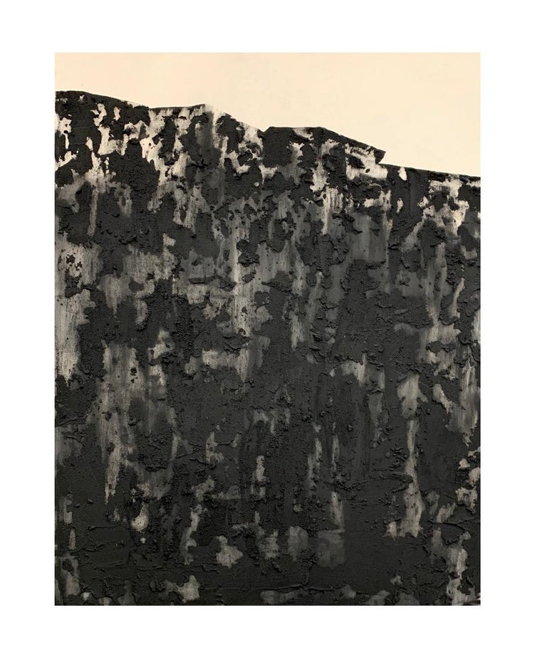 Textured minimalistic abstract black and white painting.
"Through this body of work I found the opportunity to open a dialogue about identity, rediscovering it through the stories embodied in each of the artworks. These stories are memories that