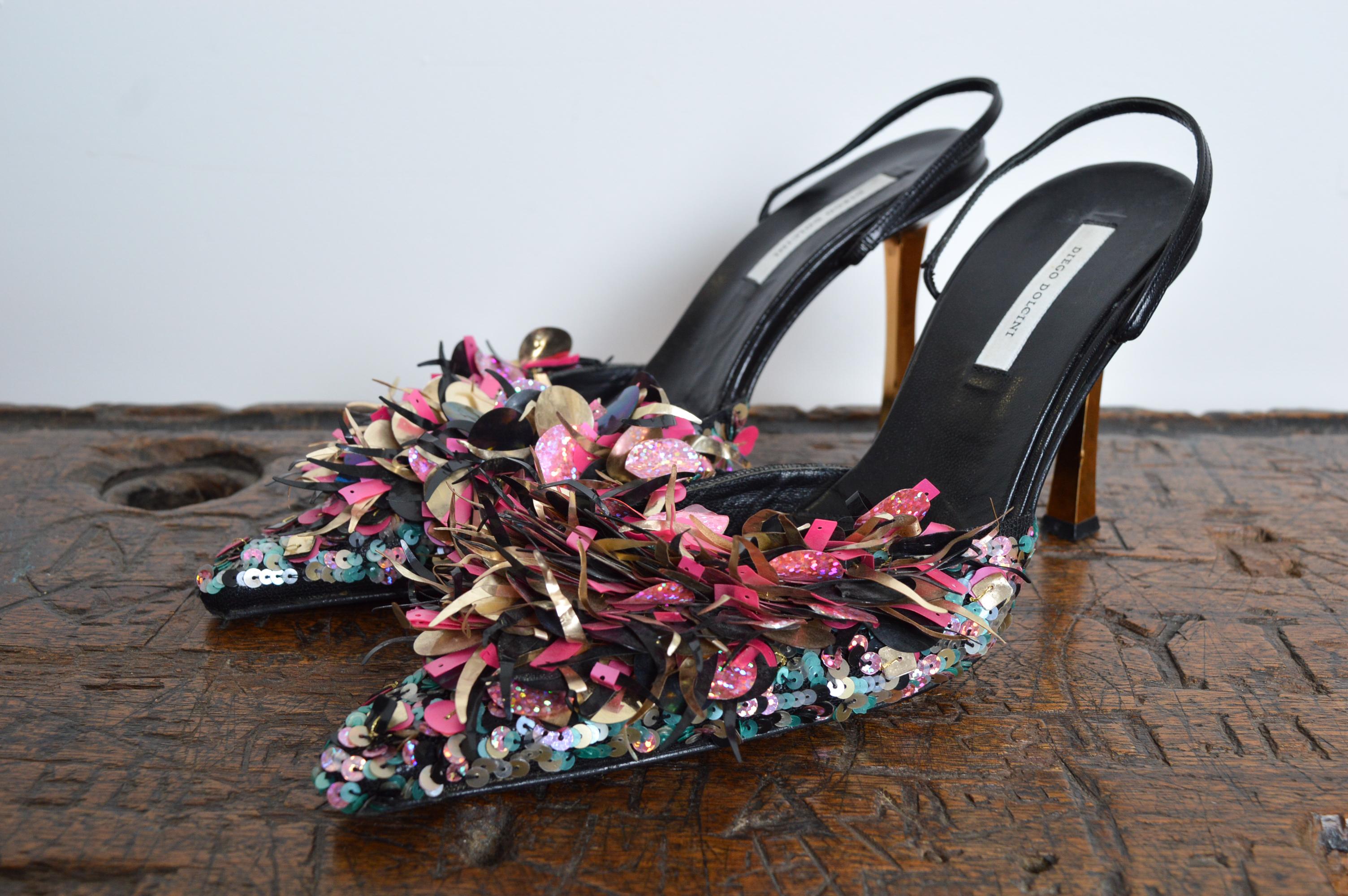 Diego Dolcini early 2000s Tinsel Disco Sling back Court Shoe High Heels  39 / 6 For Sale 9