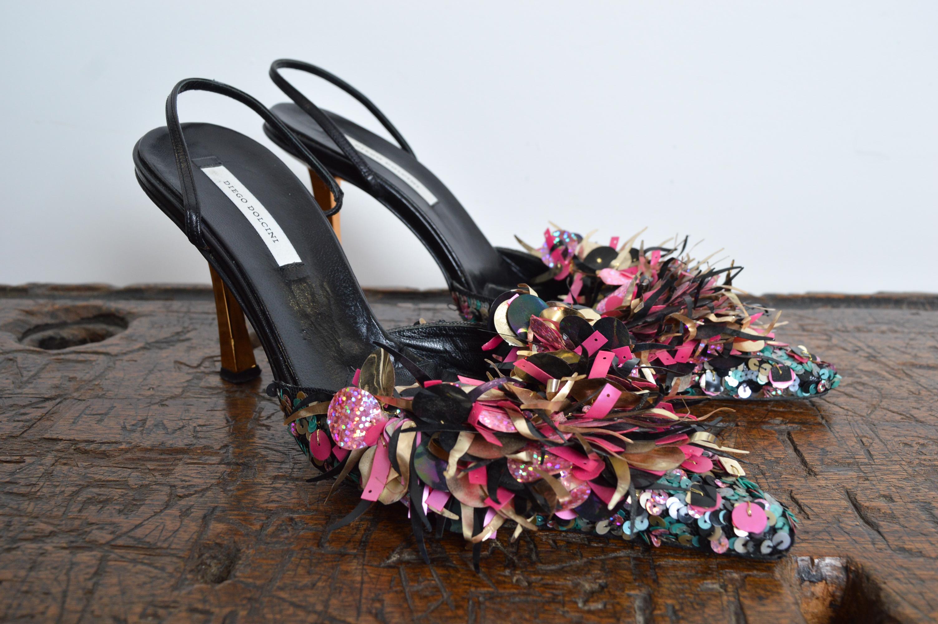Diego Dolcini early 2000s Tinsel Disco Sling back Court Shoe High Heels  39 / 6 For Sale 10