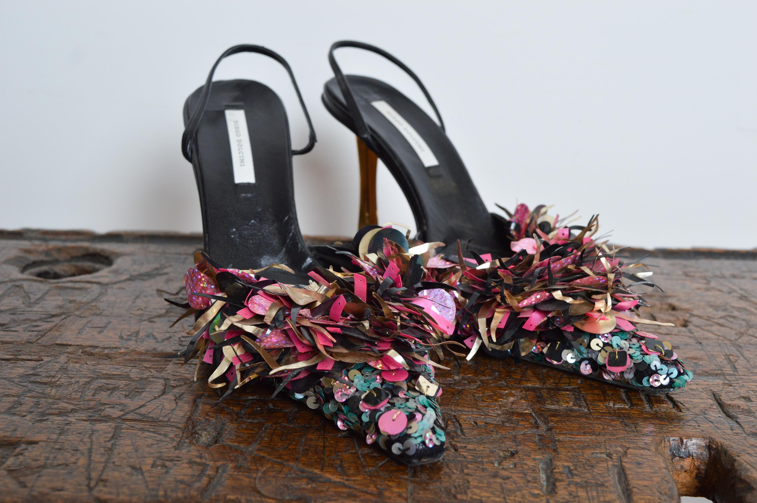 Outrageous Y2K pointed sling backs by Diego Dolcini featuring a heavily embellished sequinned toes, Sling back elasticated leather ankle straps and gold mirrored pilaster heels. 
Size; EU 39 / UK 6
Measurements are provided in inches (‘’)
Heel